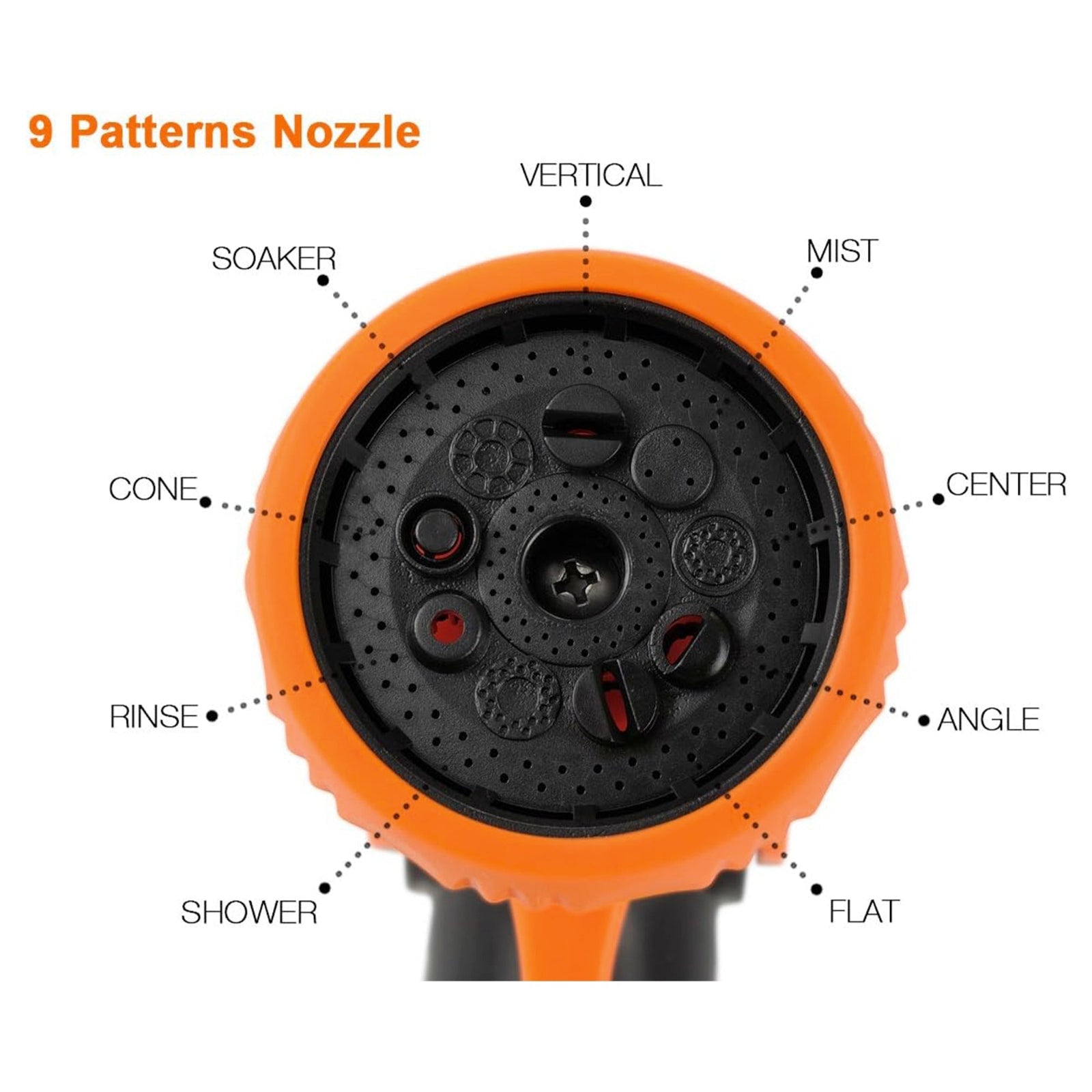 Orange and black 9 pattern adjustable garden hose nozzle with labeled 9 spray patterns on a white background including: vertical, mist, center, angle, flat, shower, rinse, cone, and soaker.