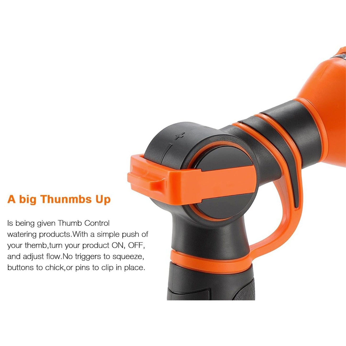 Black and orange 9 pattern adjustable garden hose spray nozzle with text on a white background indicating thumb control feature to turn the product on, off, and adjust flow.
