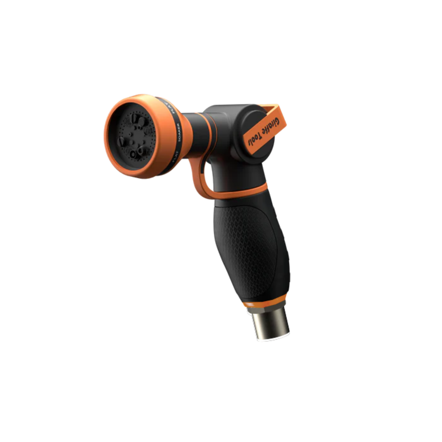 Black and orange 9 pattern adjustable garden hose nozzle on a white background