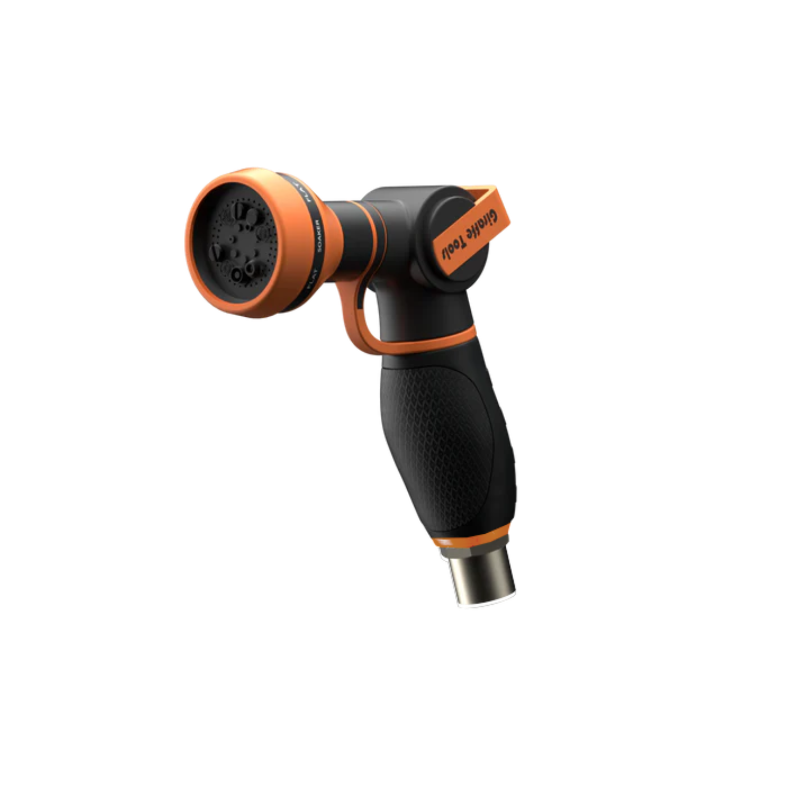 Black and orange 9 pattern adjustable garden hose nozzle on a white background