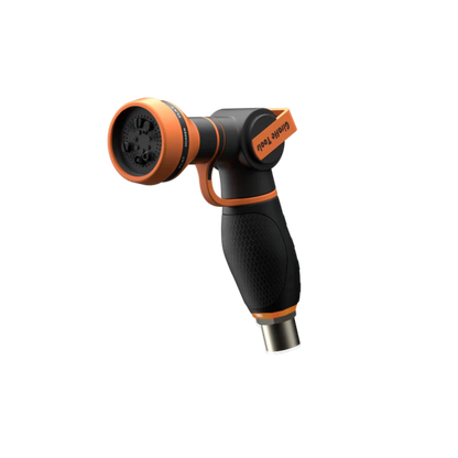 Black and orange 9 pattern adjustable garden hose nozzle on a white background