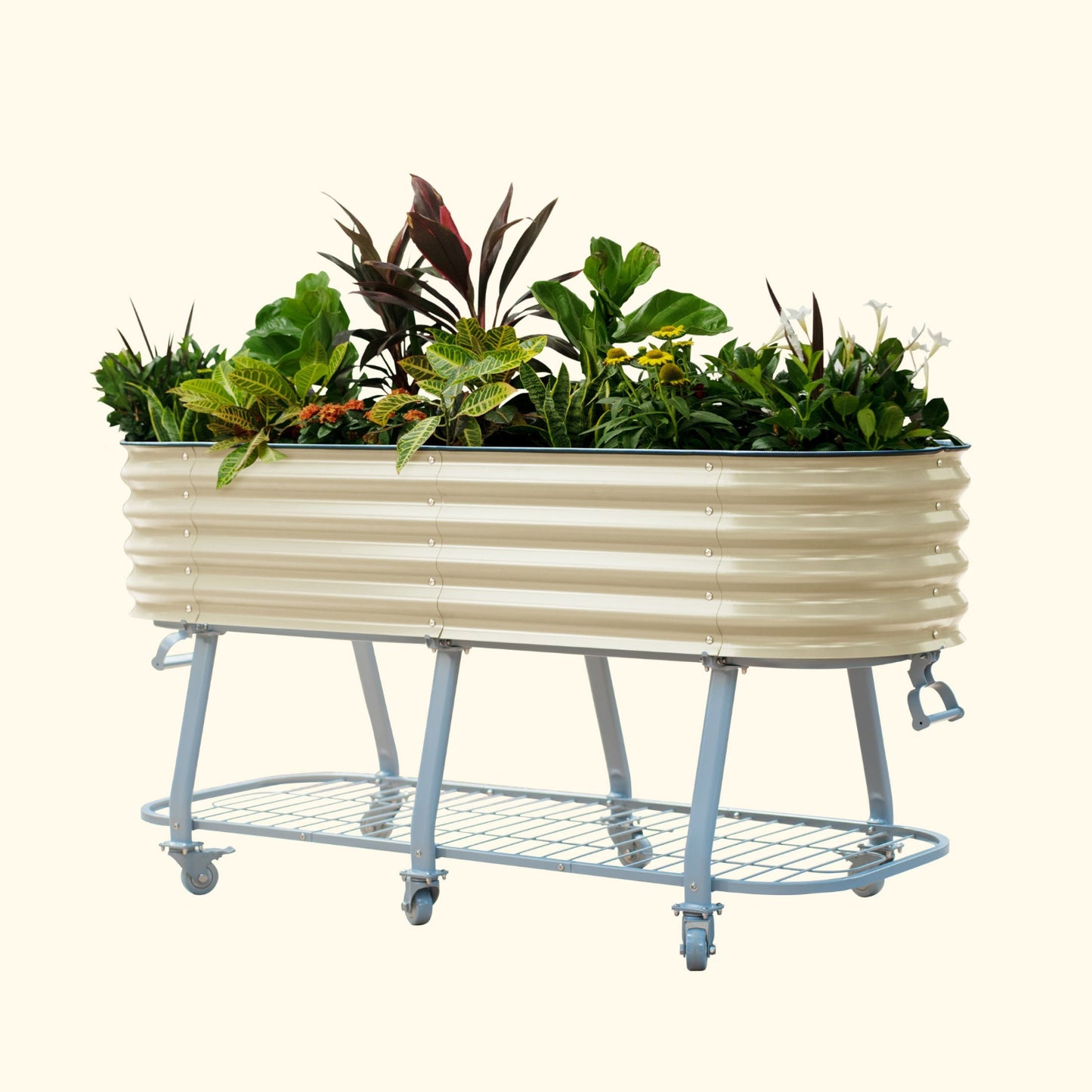 Pearl White elevated metal garden bed with wheels and self watering system with plants on a white background