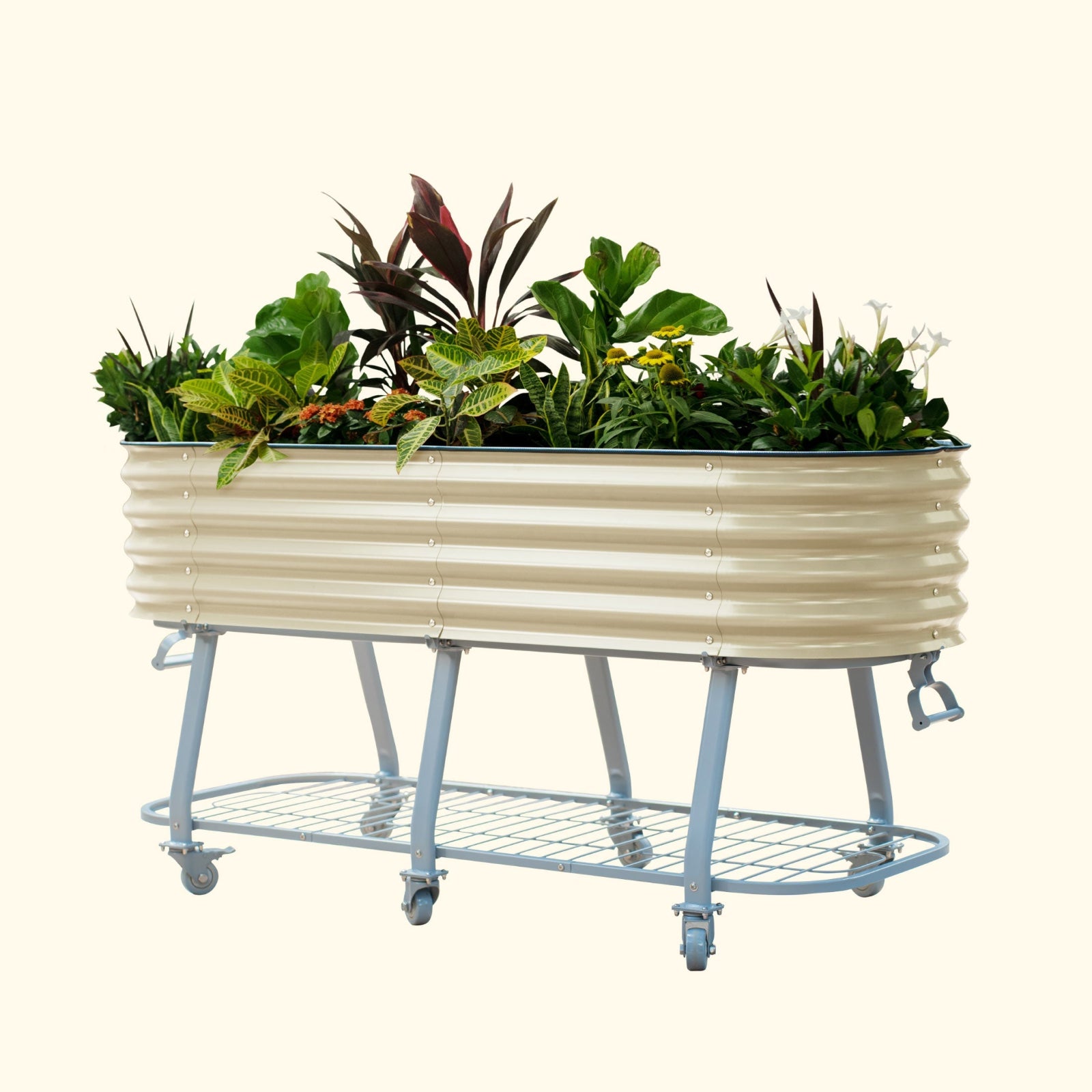 Pearl White elevated metal garden bed with wheels and self watering system with plants on a white background