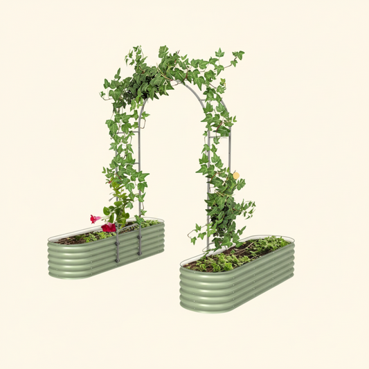 Two raised garden beds with arched trellis on off-white background