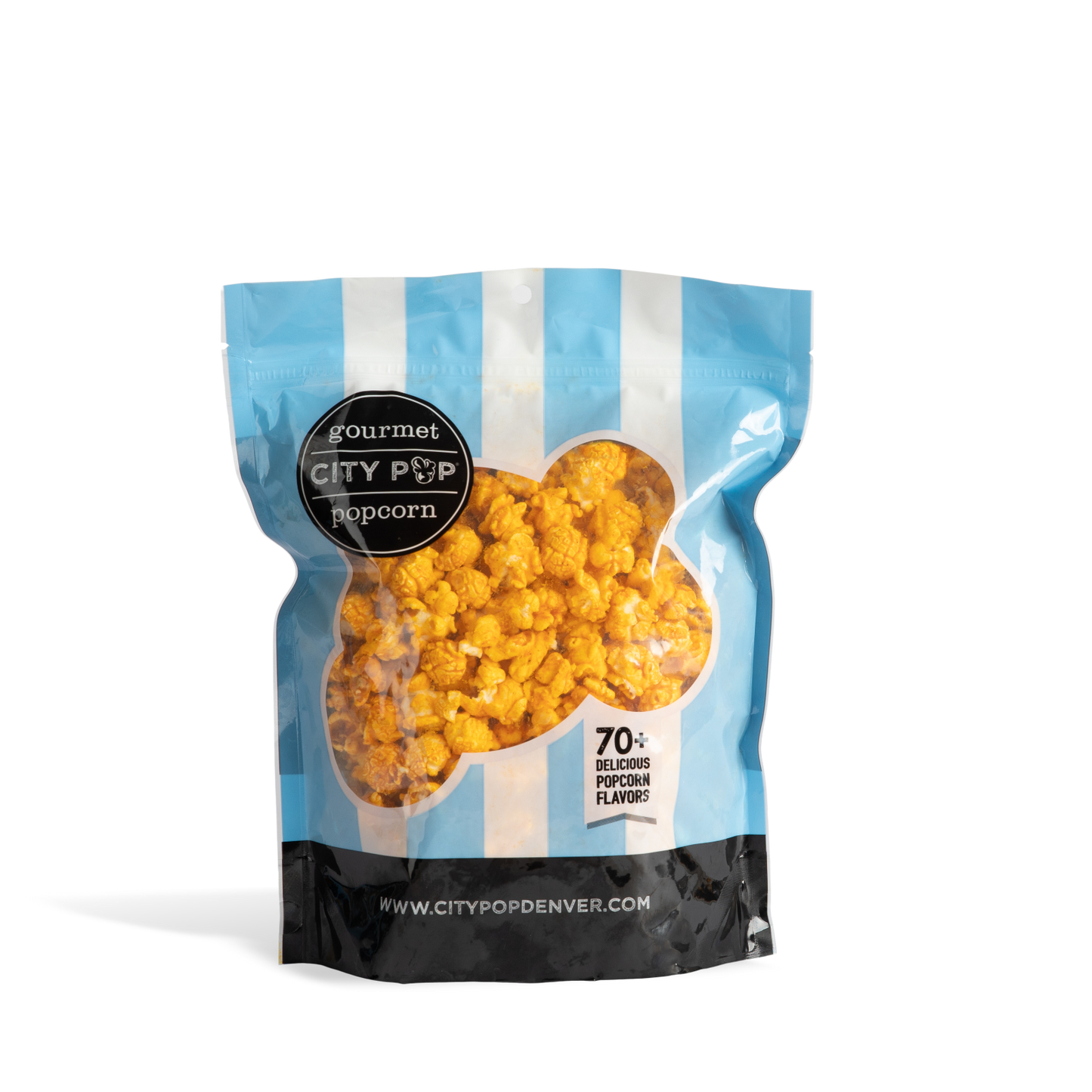 Bag of City Pop BBQ popcorn with blue and white striped design on a white background