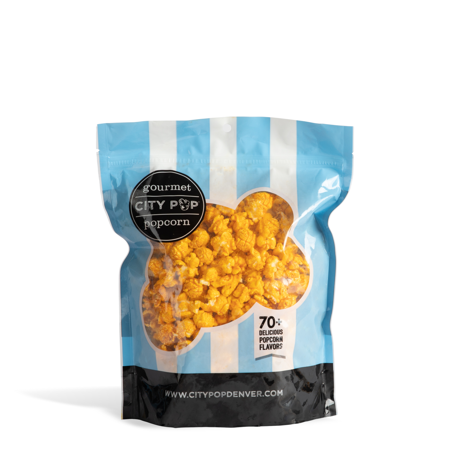 Bag of City Pop BBQ popcorn with blue and white striped design on a white background