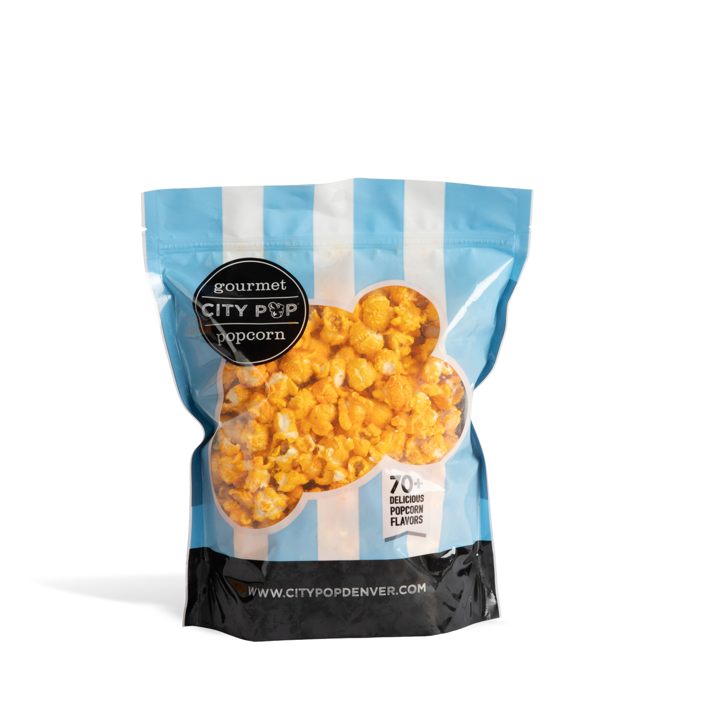 Bag of City Pop Bacon Cheddar popcorn with blue and white striped design on a white background