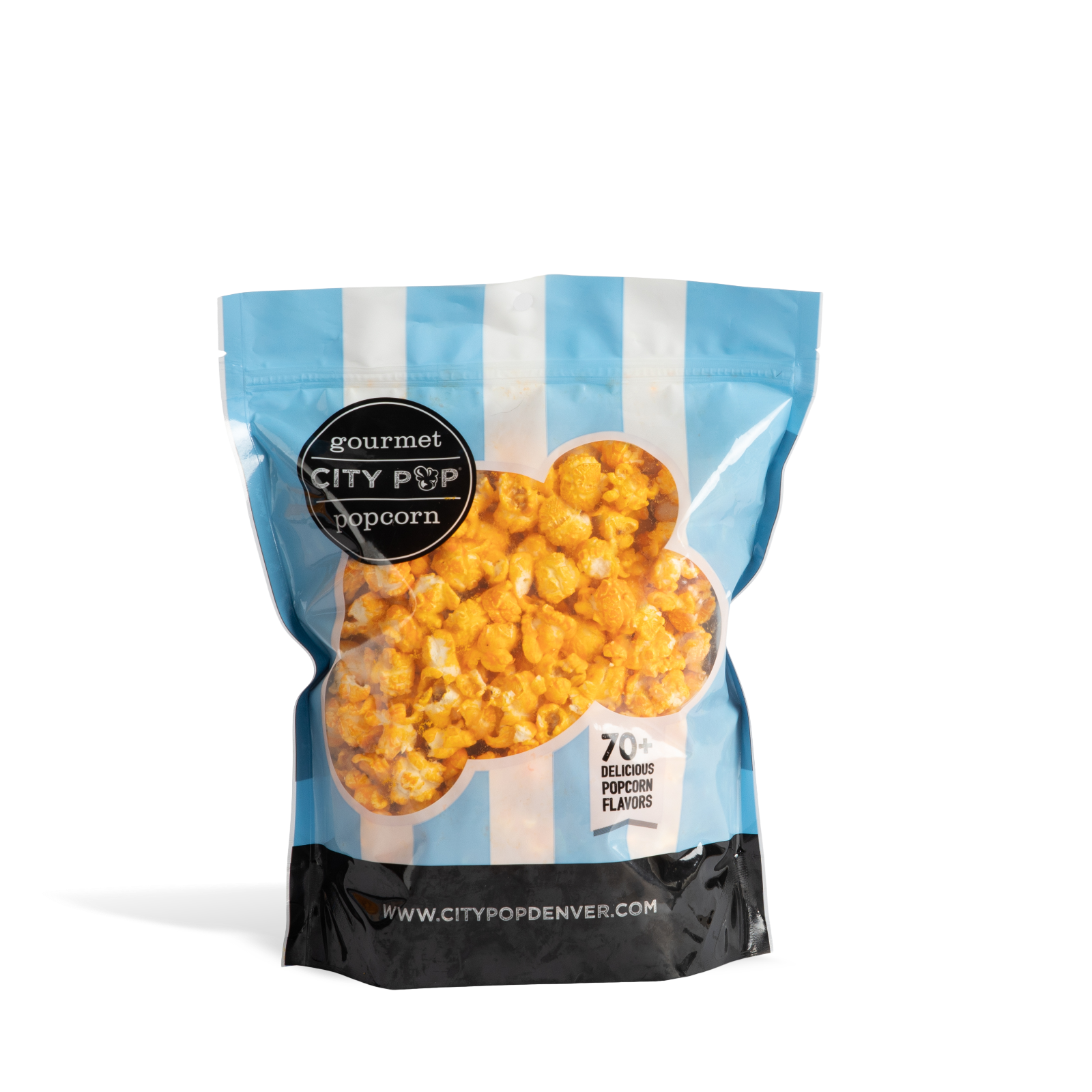 Bag of City Pop Bacon Cheddar popcorn with blue and white striped design on a white background