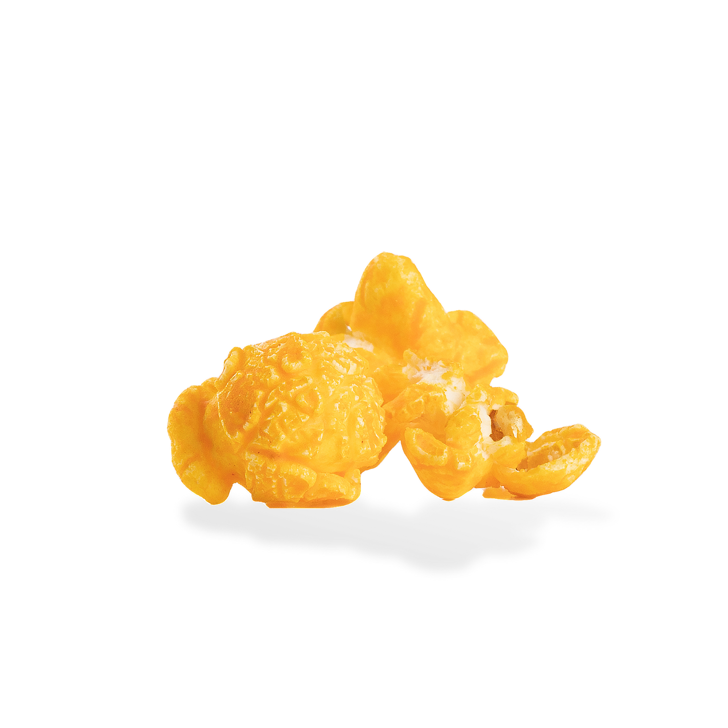 Three pieces of Bacon CHeddar popcorn on a white background