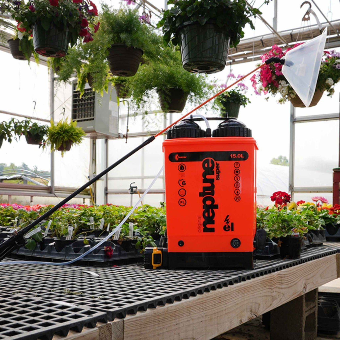 Kwazar Neptune 15 L backpack sprayer placed among greenhouse plants with spray wand extended.