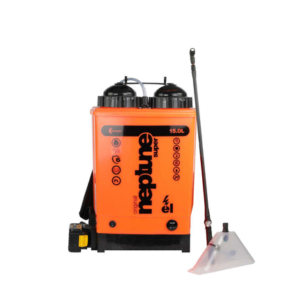Kwazar Neptune 15 L backpack sprayer, front view with wand, tank lid, and spray nozzle attachment