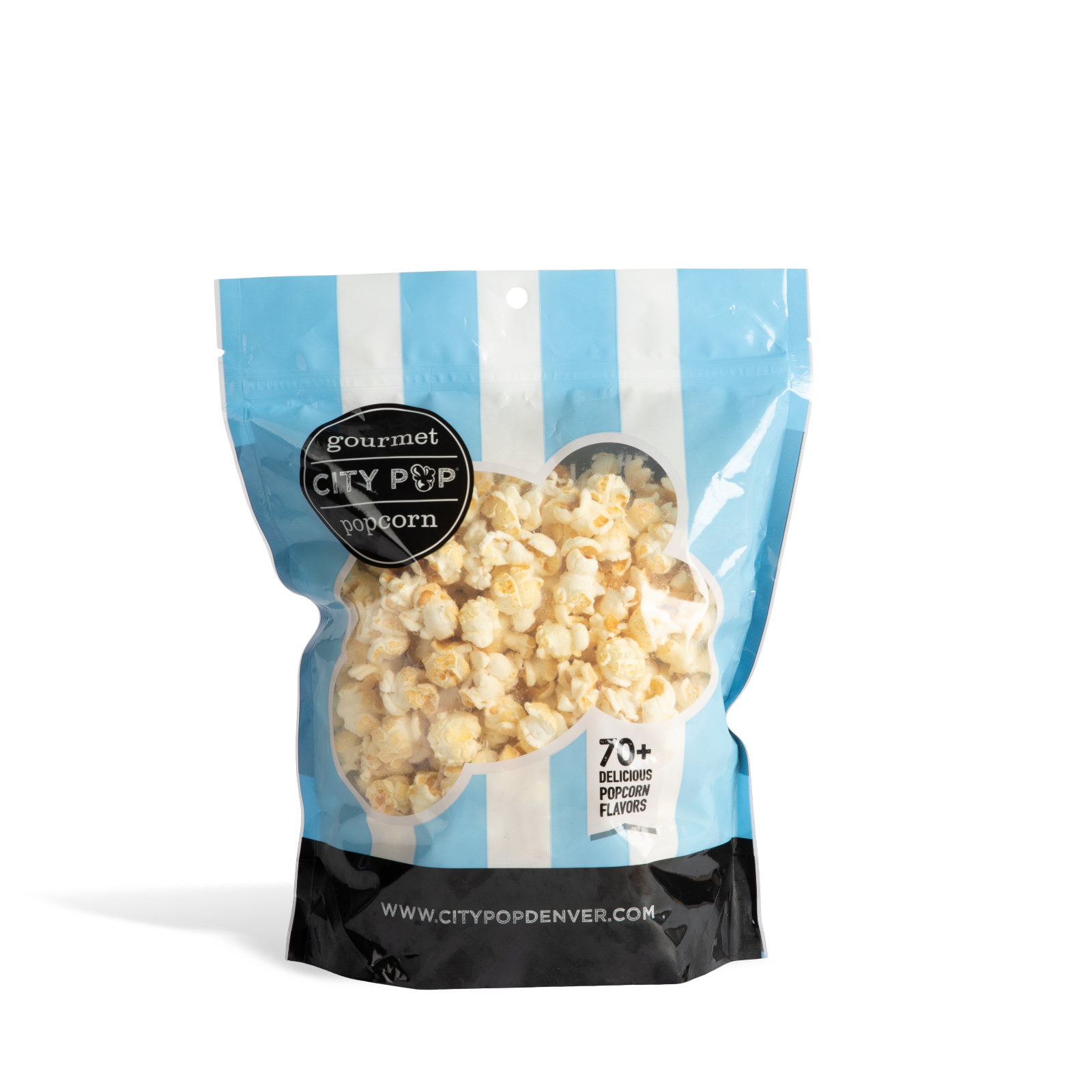 Bag of City Pop Blue Cheese popcorn with blue and white striped design on a white background
