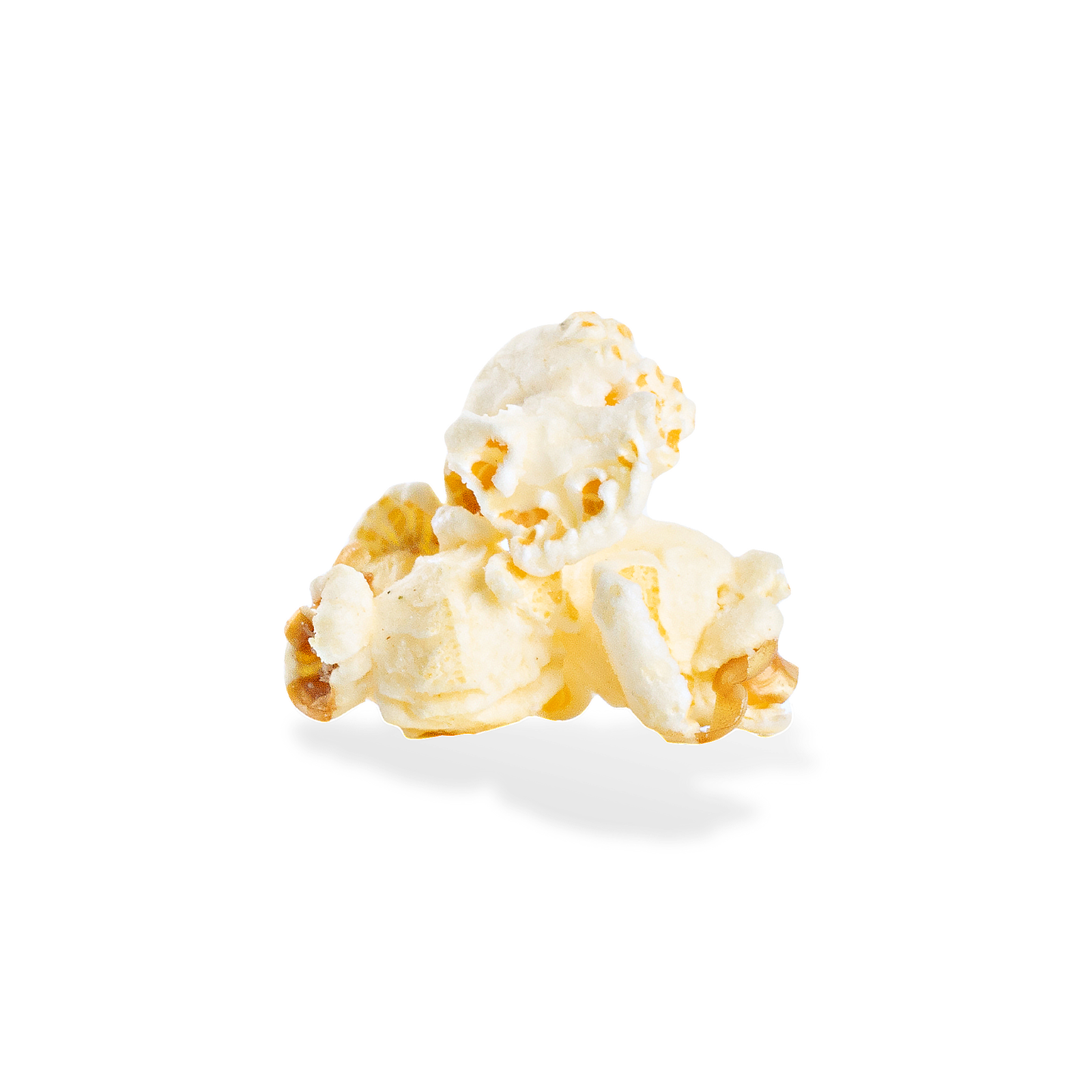 Three pieces of Blue Cheese popcorn on a white background