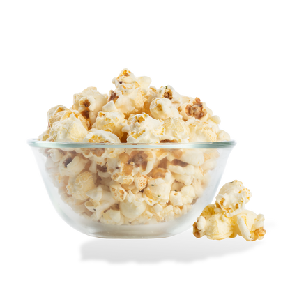 Blue Cheese Popcorn popped in a bowl on a white background