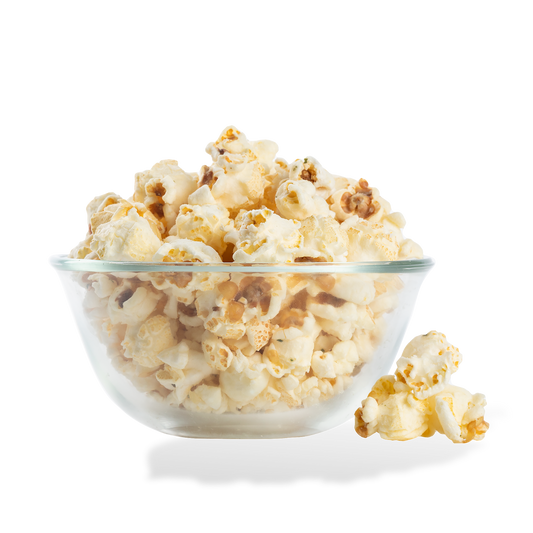 Blue Cheese Popcorn popped in a bowl on a white background