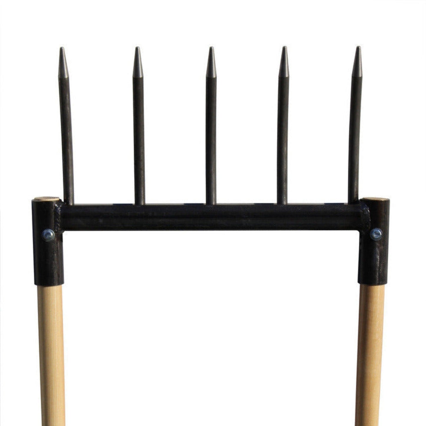 Broadfork Garden Tool with wooden handles and metal prongs on a white background