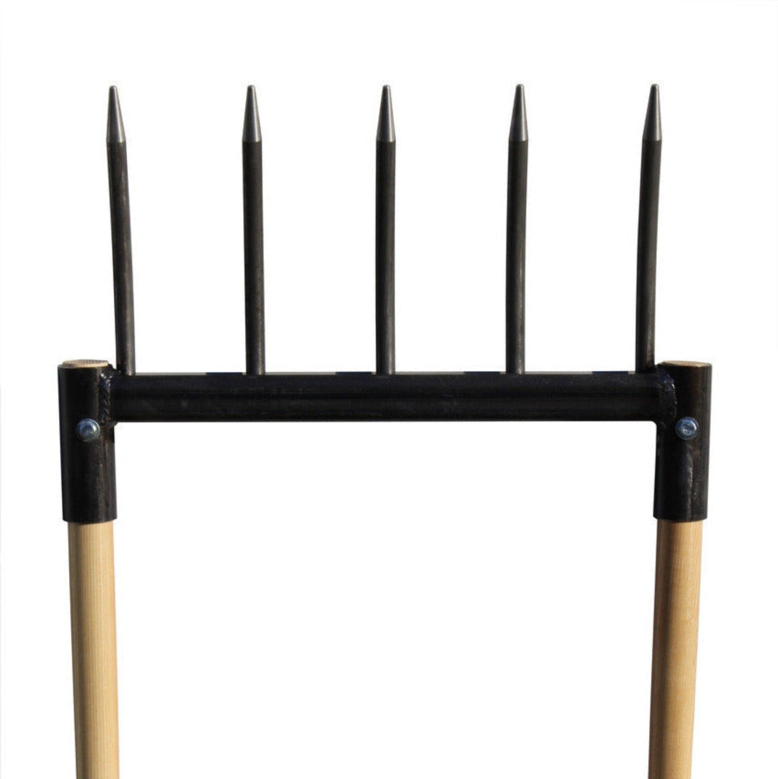 Broadfork Garden Tool with wooden handles and metal prongs on a white background