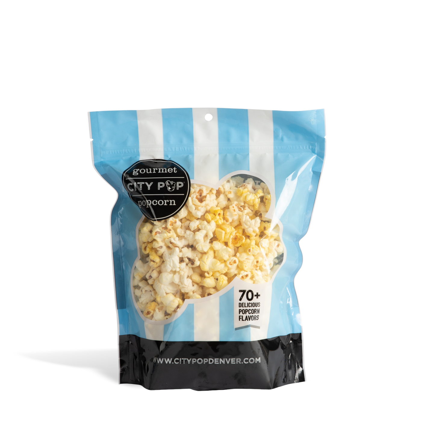 Bag of City Pop Butter popcorn with blue and white striped design on a white background