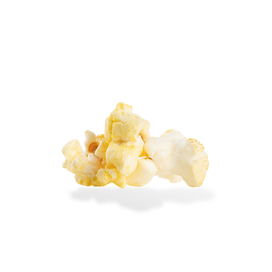 Three pieces of Butter popcorn on a white background