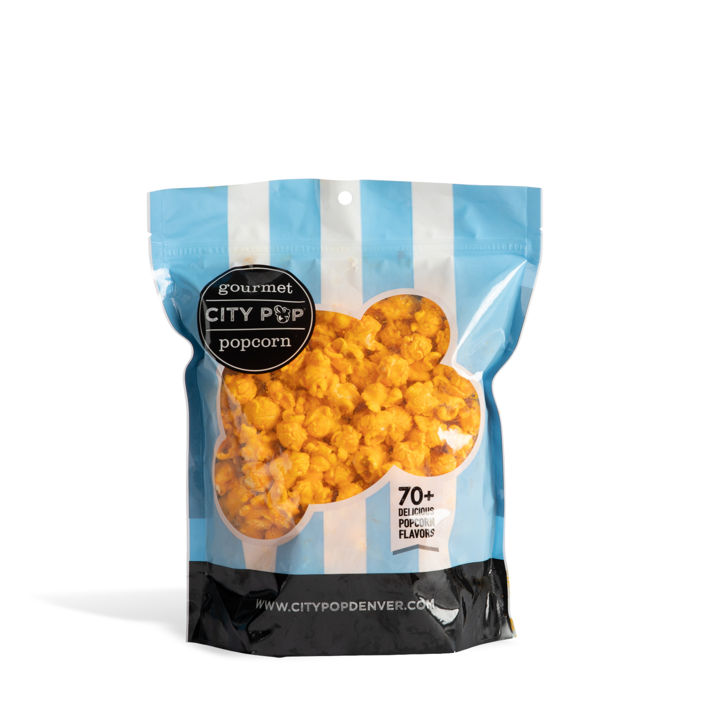 Bag of City Pop Cajun popcorn with blue and white striped design on a white background
