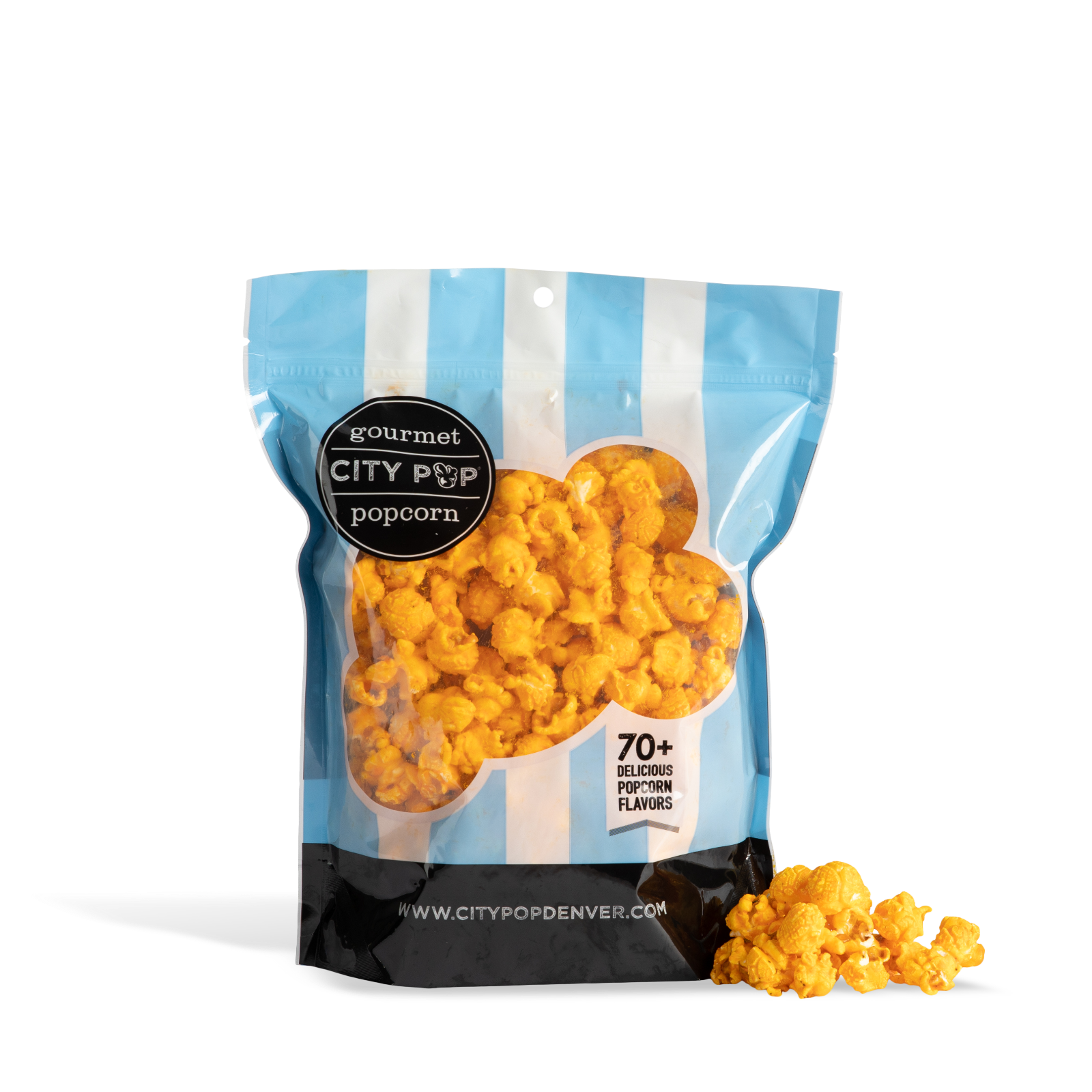 Bag of City Pop Cajun  popcorn with visible branding on a white background