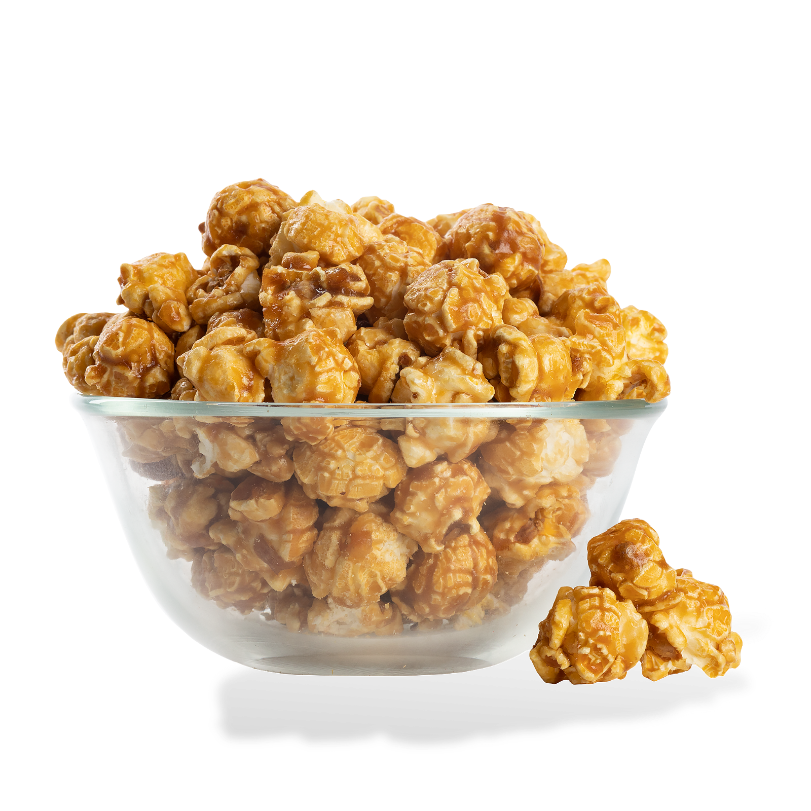 Caramel Popcorn popped in a bowl on a white background