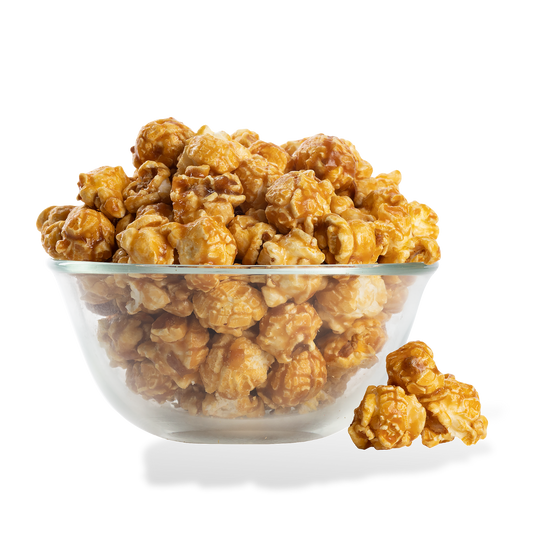 Caramel Popcorn popped in a bowl on a white background