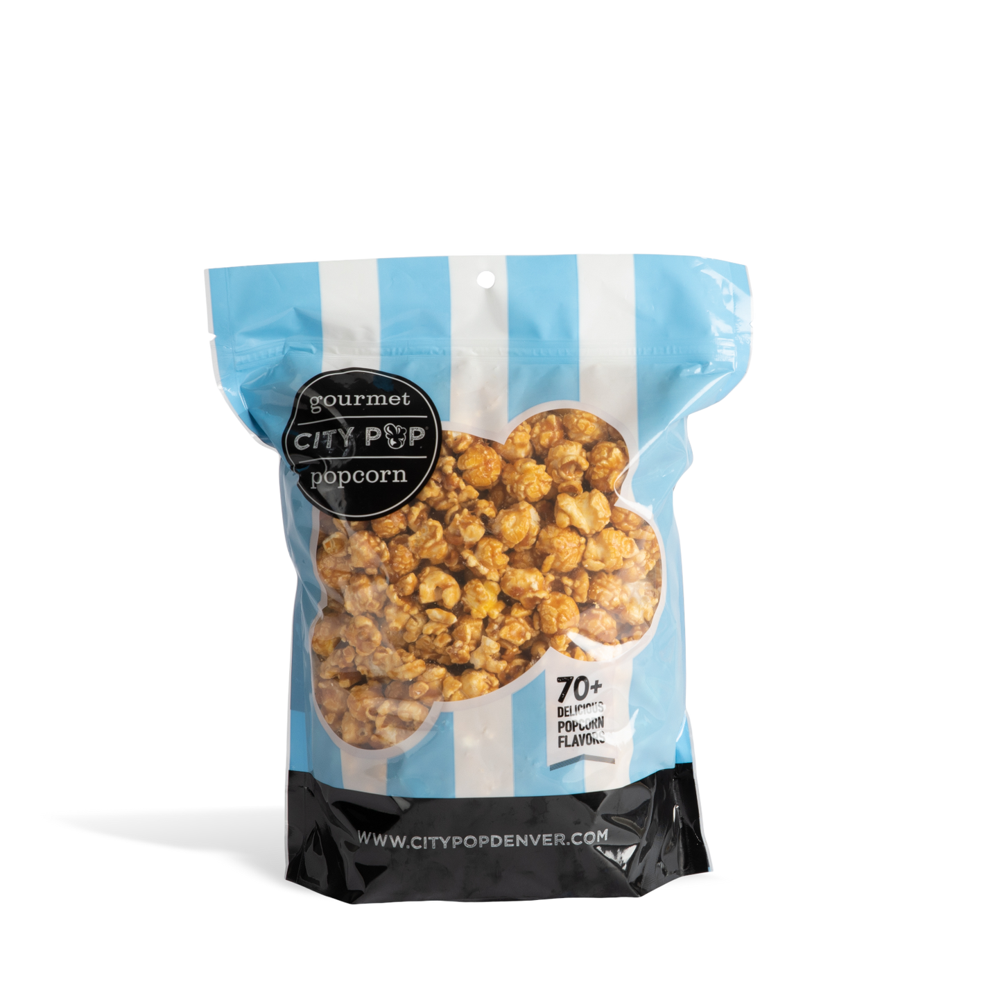Bag of City Pop Caramel popcorn with blue and white striped design on a white background