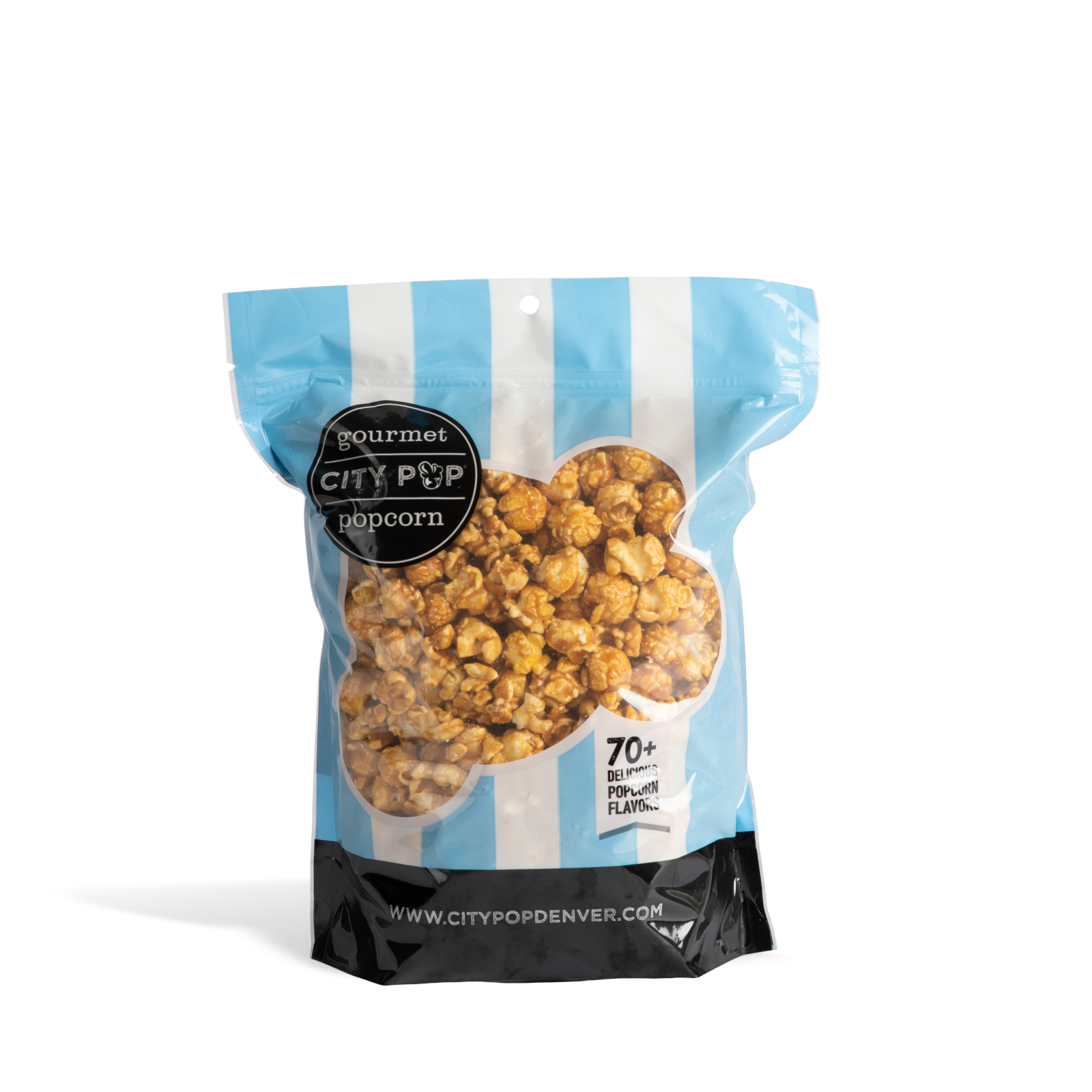 Bag of City Pop Caramel popcorn with blue and white striped design on a white background