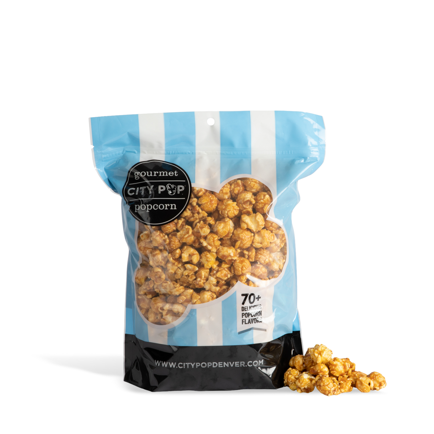 Bag of City Pop Caramel popcorn with visible branding on a white background