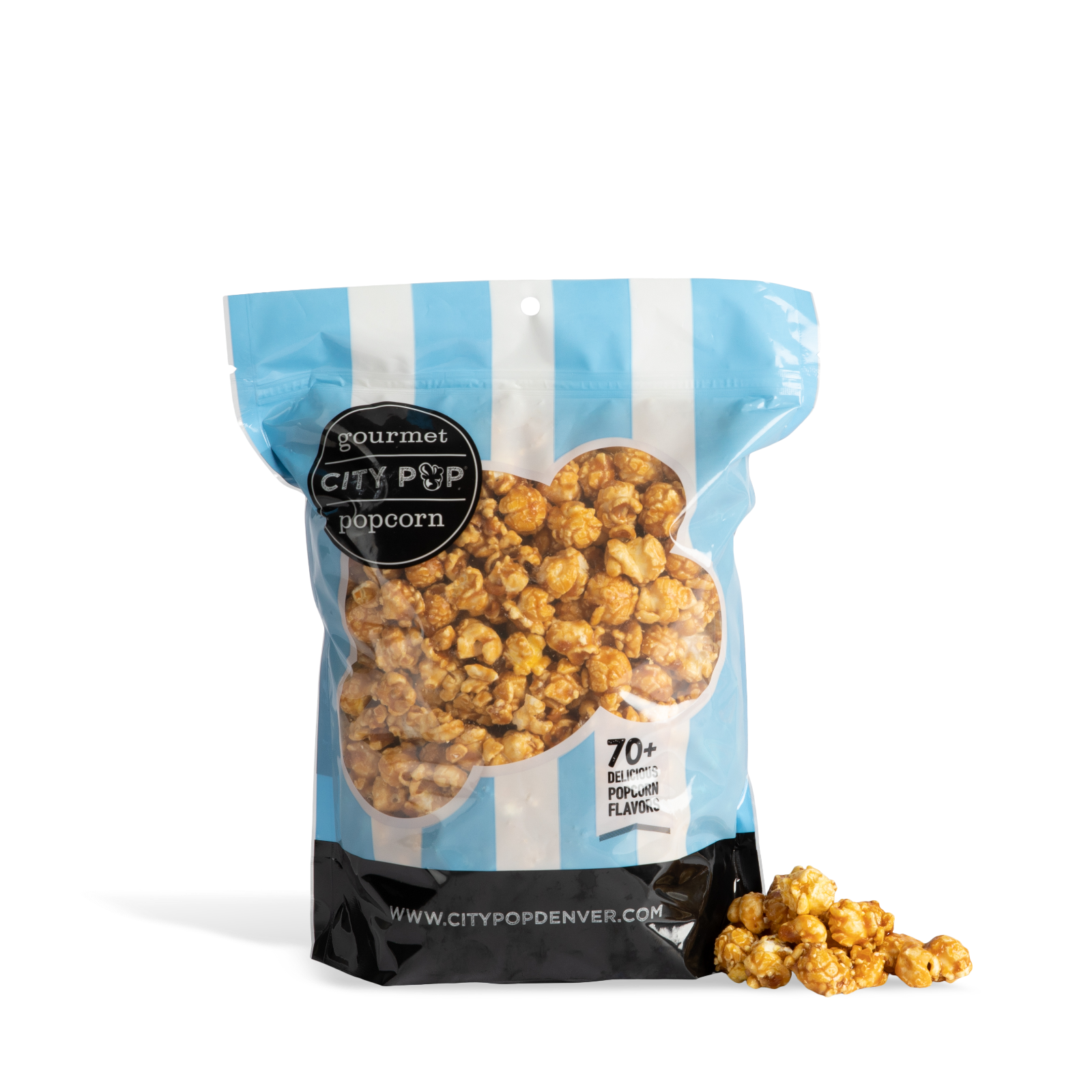 Bag of City Pop Caramel popcorn with visible branding on a white background