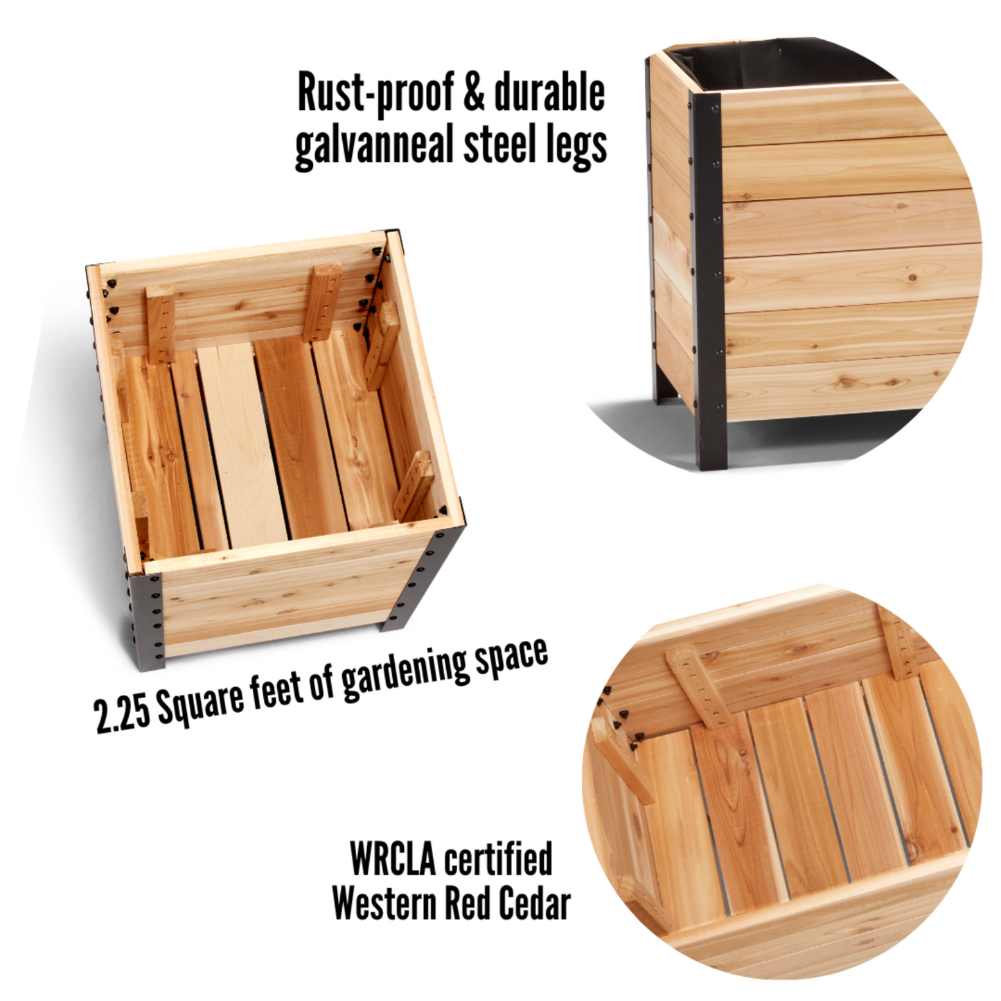 Cedar Planters 18x18 inch planter box feature callouts: rust-proof galvanneal steel legs, 2.25 square feet of gardening space, and WRCLA certified Western Red Cedar
