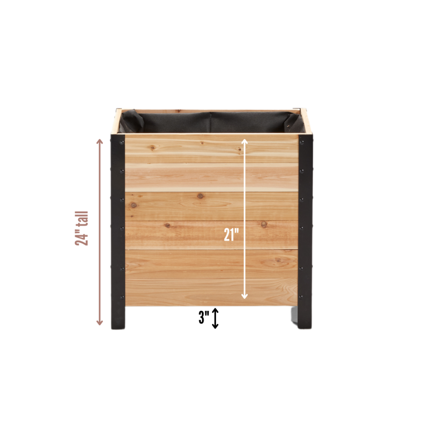 Cedar Planters 18x24 inch planter box dimension diagram: 24 inch total height, 3 inch ground clearance, 21 inch box height
