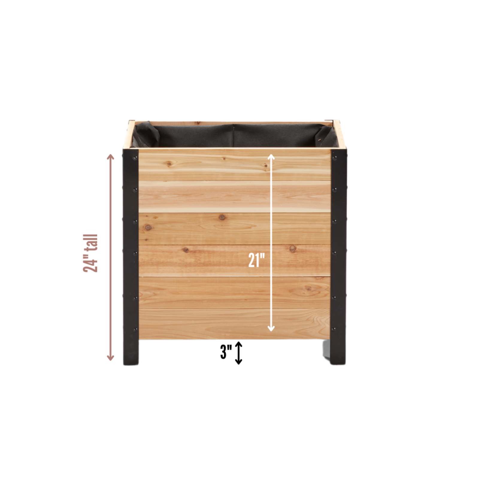 Cedar Planters 18x24 inch planter box dimension diagram: 24 inch total height, 3 inch ground clearance, 21 inch box height