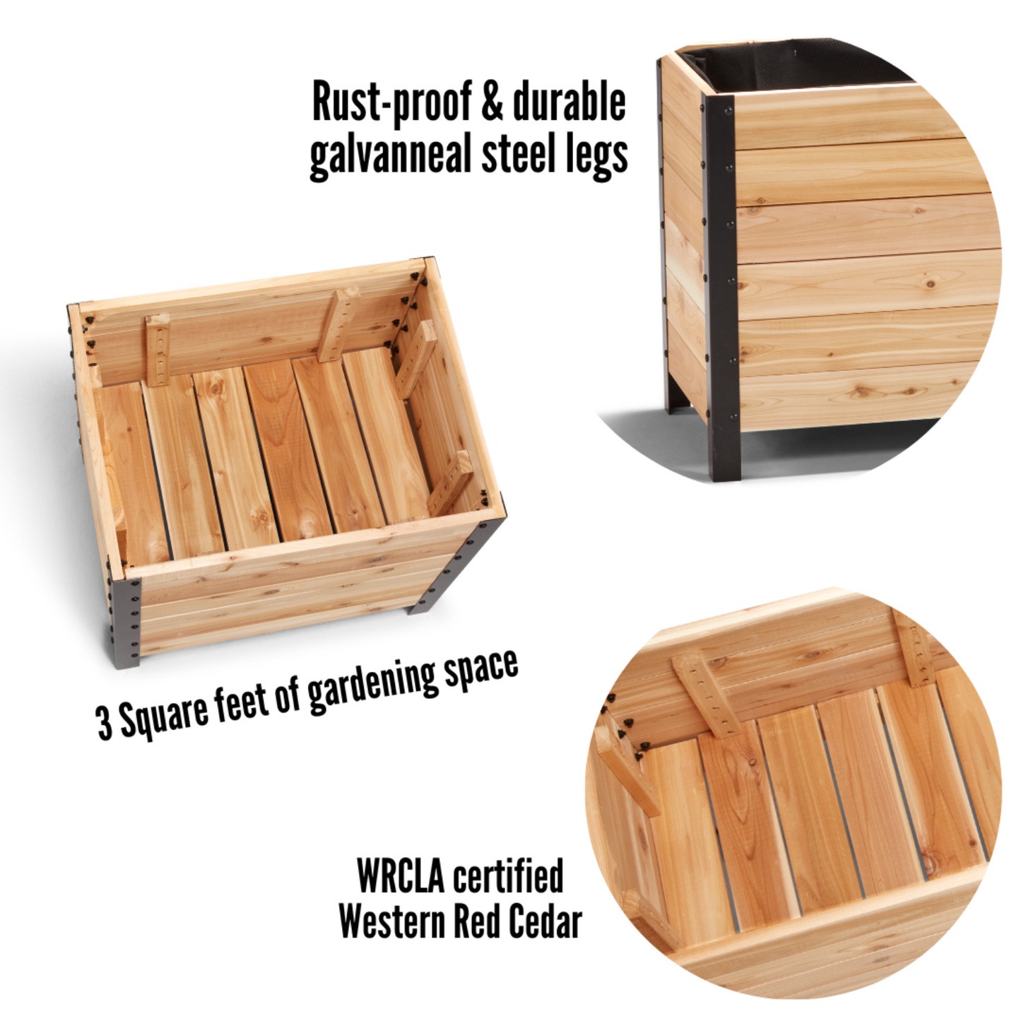 Cedar Planters 18x24 inch planter box feature callouts: rust-proof galvanneal steel legs, 3 square feet of gardening space, and WRCLA certified Western Red Cedar
