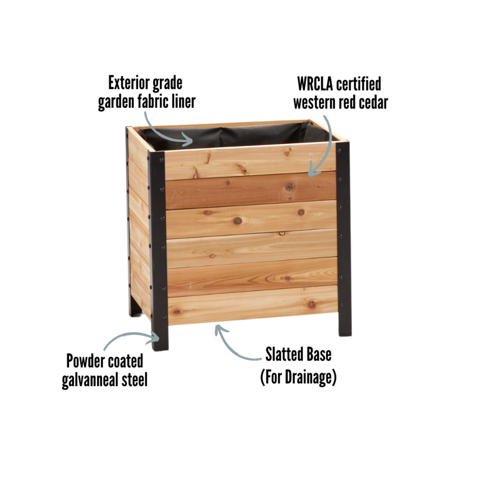Cedar Planter 18x24 inch planter box 24 inches tall highlighting exterior grade fabric liner, WRCLA certified Western Red Cedar, powder coated galvanneal steel, and slatted base for drainage