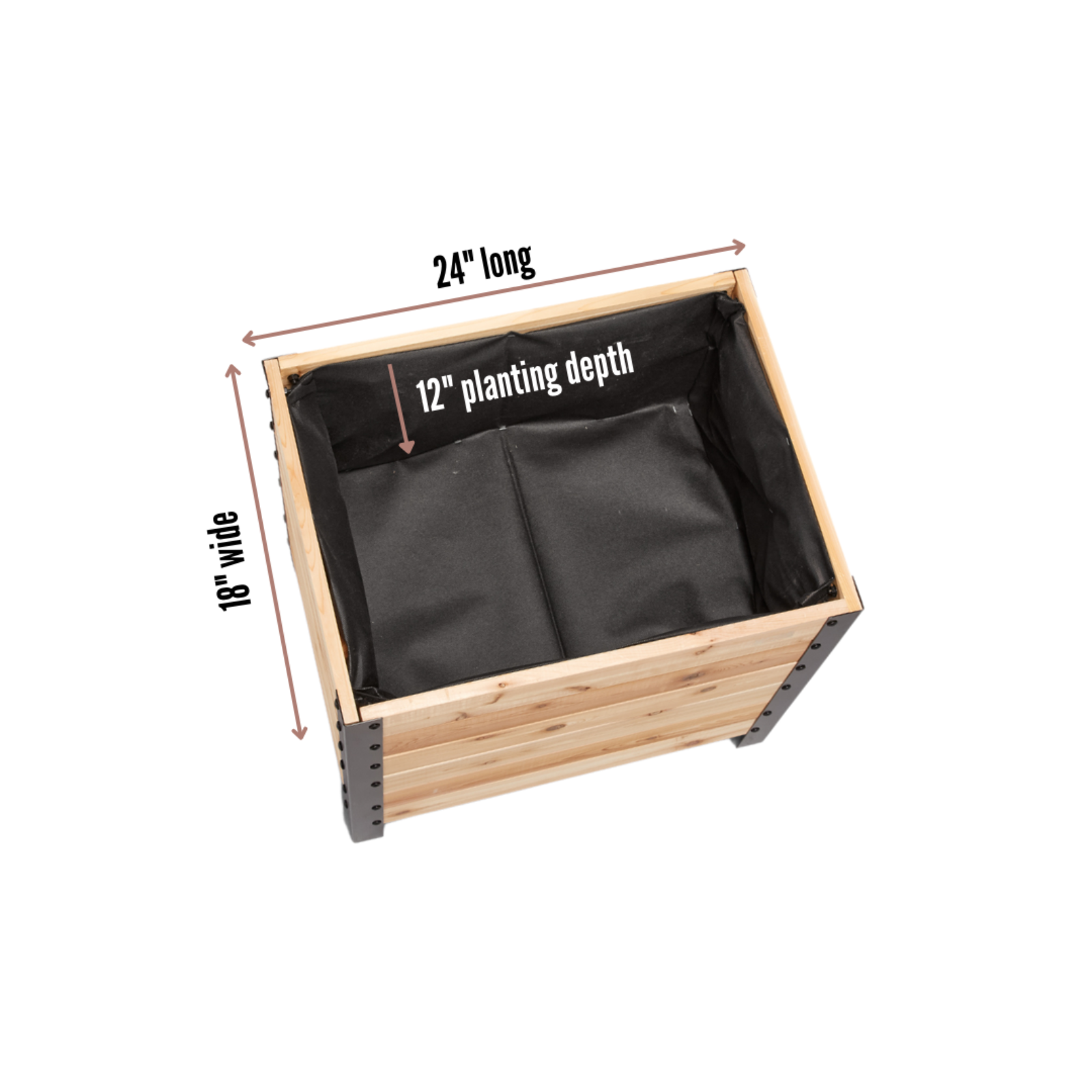 Cedar Planters 18x24 inch planter box top view showing 18 inch width, 24 inch length, and 12 inch planting depth