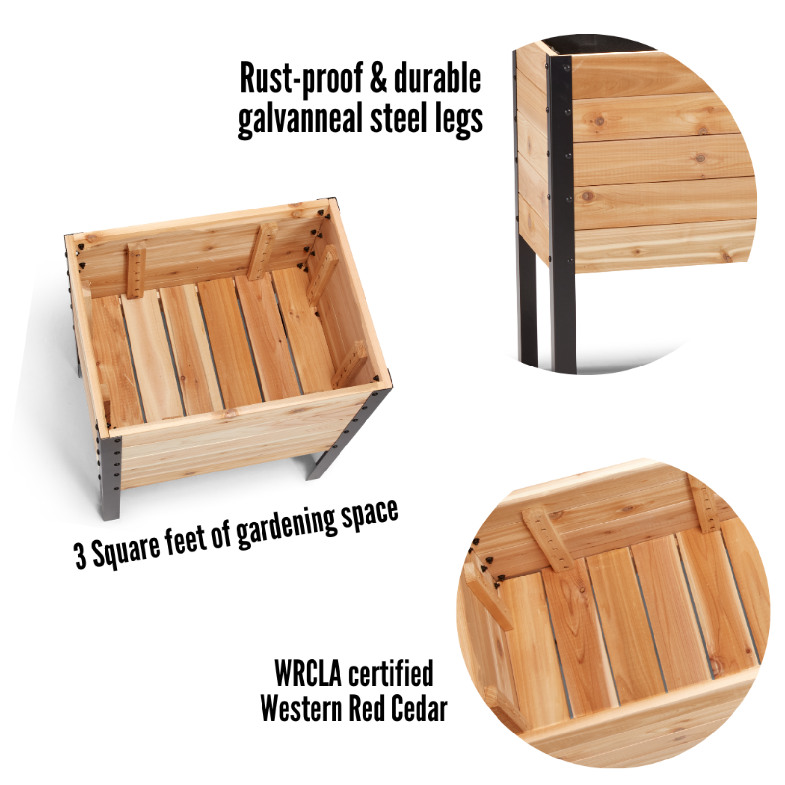 Cedar Planters 18x24 inch raised garden bed feature callouts: rust-proof galvanneal steel legs, 3 square feet of gardening space, and WRCLA certified Western Red Cedar