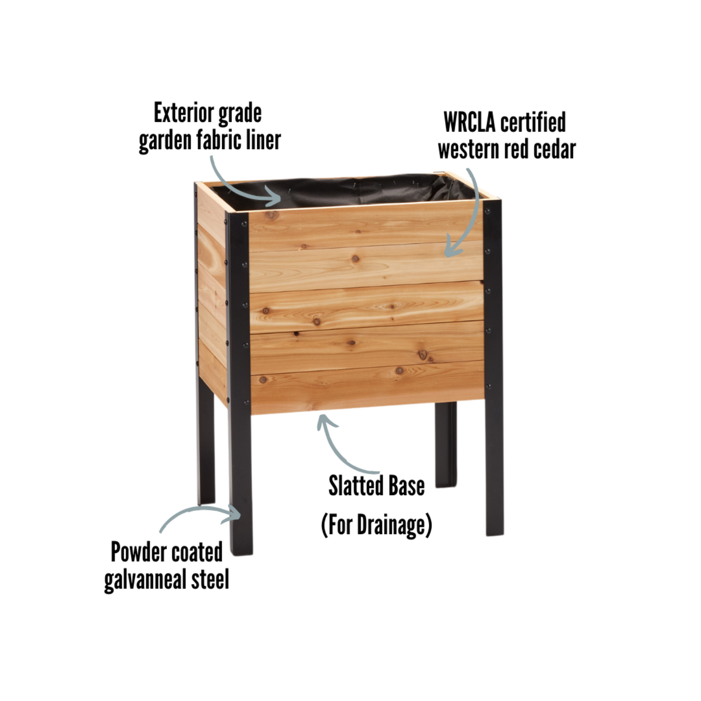 Cedar Planter 18x24 inch raised garden bed 30 inches tall highlighting exterior grade fabric liner, WRCLA certified Western Red Cedar, powder coated galvanneal steel, and slatted base for drainage