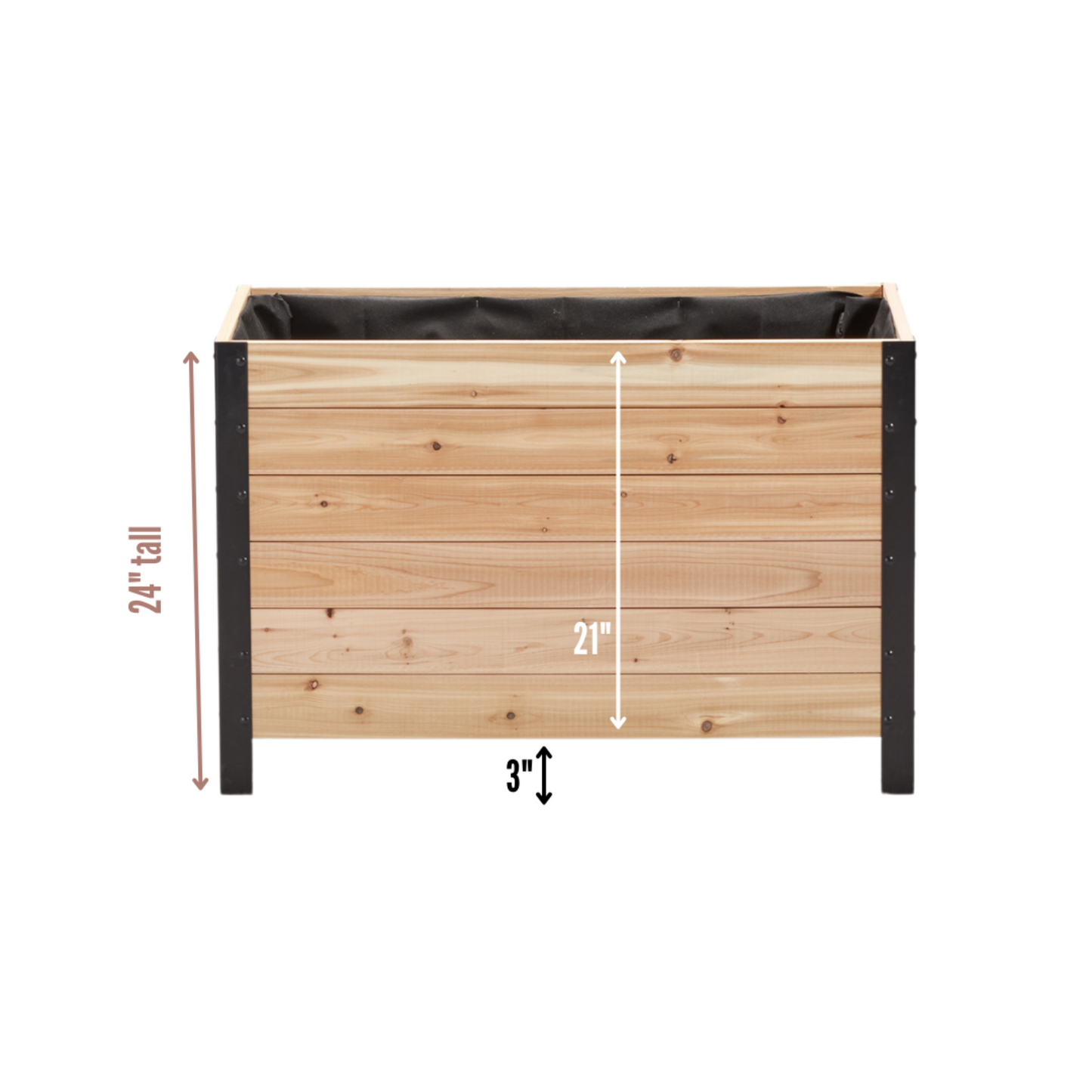 Cedar Planters 18x36 inch planter box dimension diagram: 24 inch total height, 3 inch ground clearance, 21 inch box height