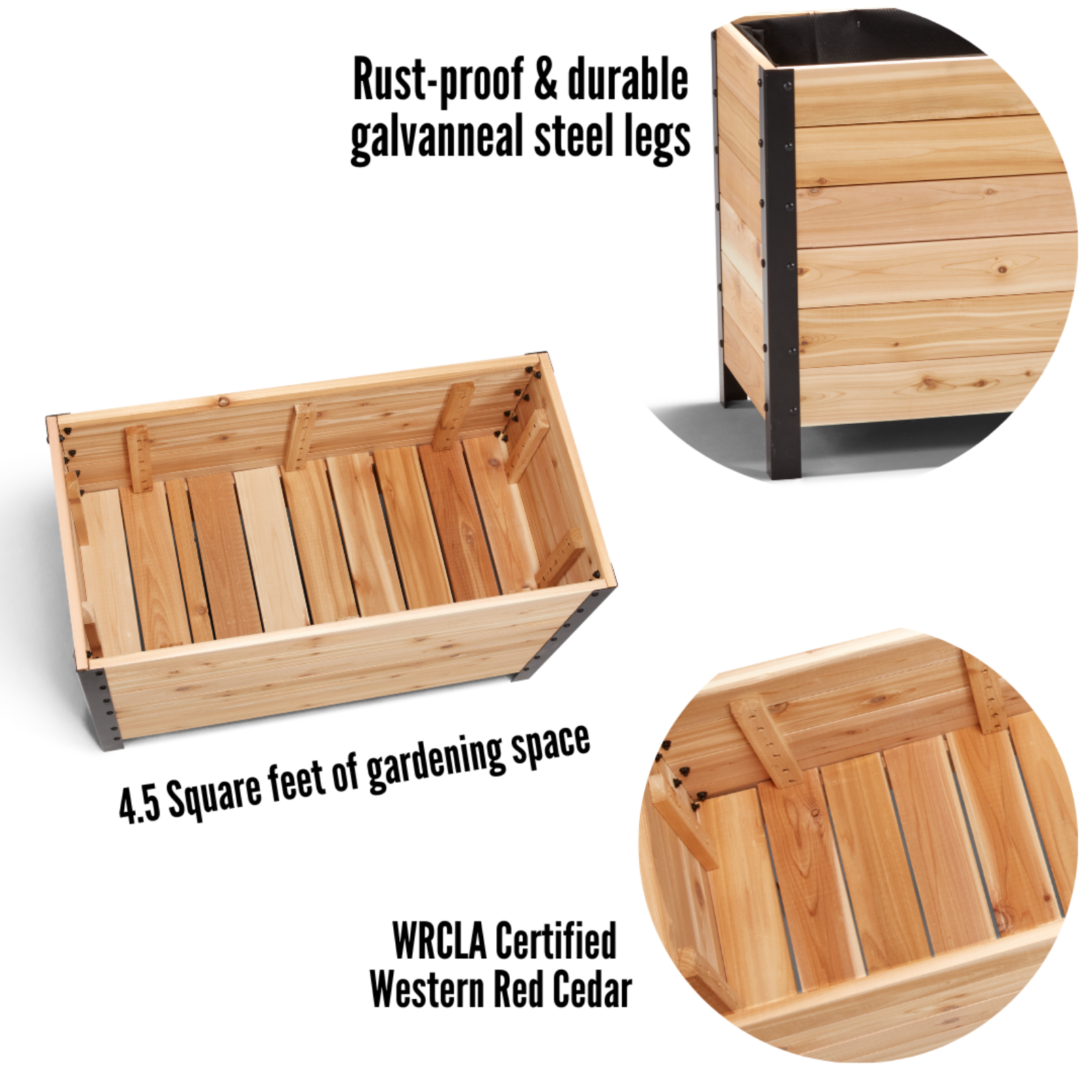 Cedar Planters 18x36 inch planter box feature callouts: rust-proof galvanneal steel legs, 4.5 square feet of gardening space, and WRCLA certified Western Red Cedar