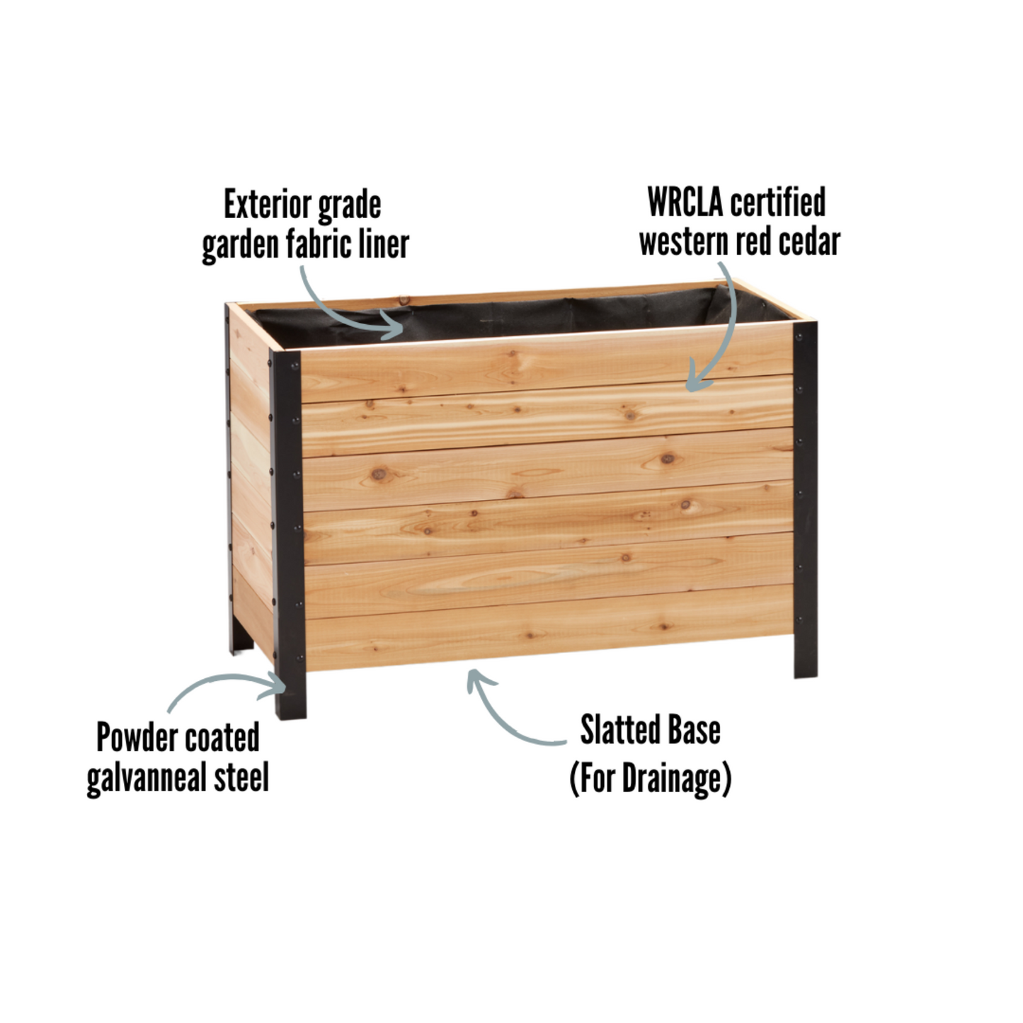 Cedar Planter 18x36 inch planter box 24 inches tall highlighting exterior grade fabric liner, WRCLA certified Western Red Cedar, powder coated galvanneal steel, and slatted base for drainage