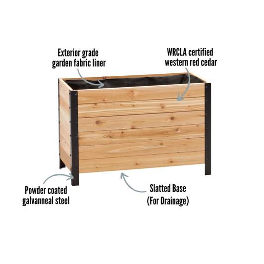 Cedar Planter 18x36 inch planter box 24 inches tall highlighting exterior grade fabric liner, WRCLA certified Western Red Cedar, powder coated galvanneal steel, and slatted base for drainage