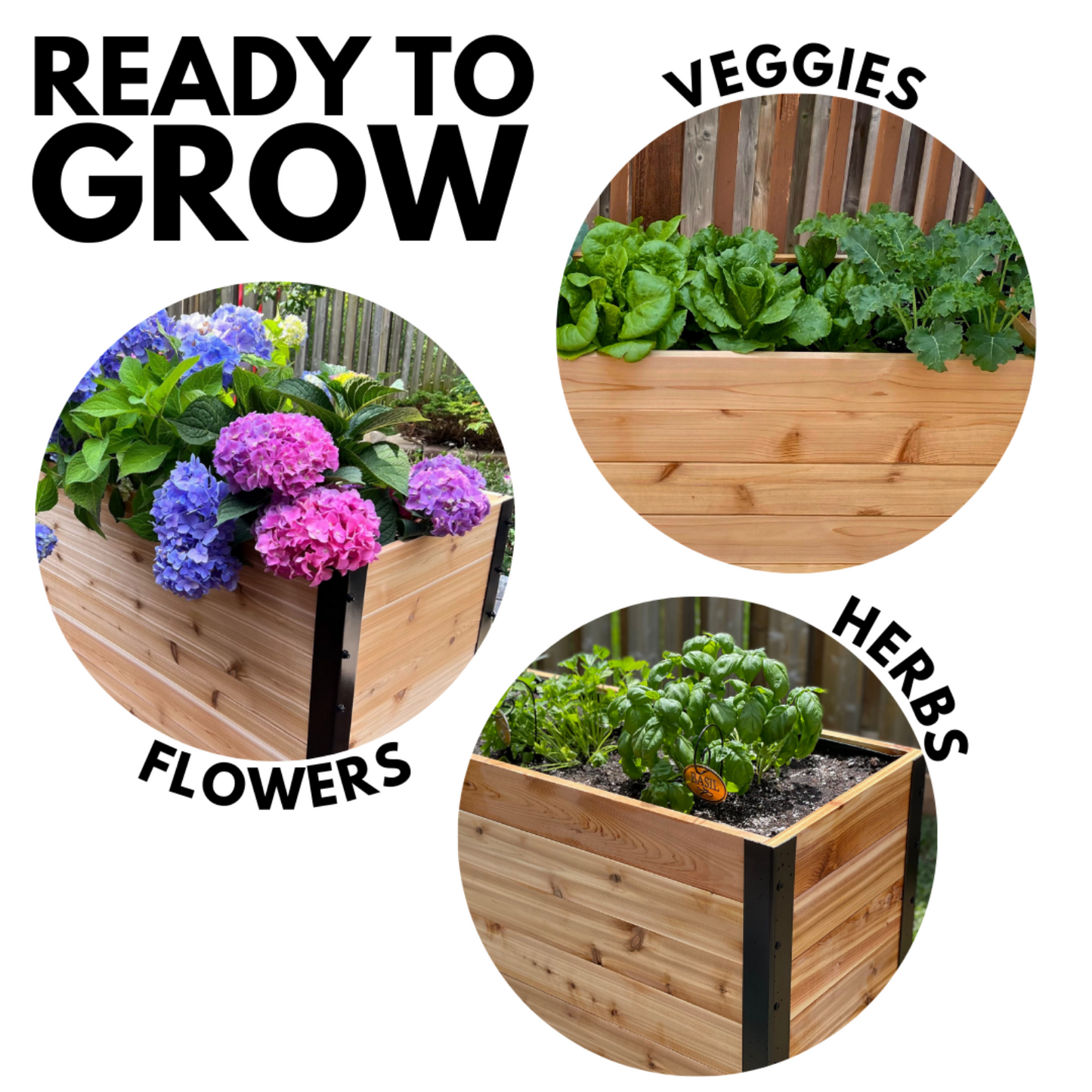 Cedar Planters 18x36 inch planter box with text including ready to grow: three planters shown with vegetables, flowers, and herbs