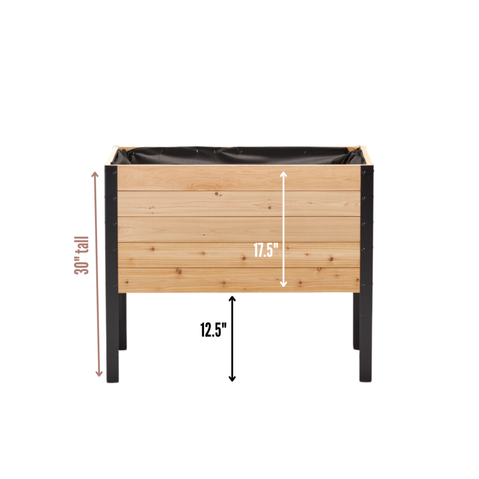Cedar Planters 18x36 inch raised garden bed dimension diagram: 30 inch total height, 12.5 inch ground clearance, 17.5 inch box height