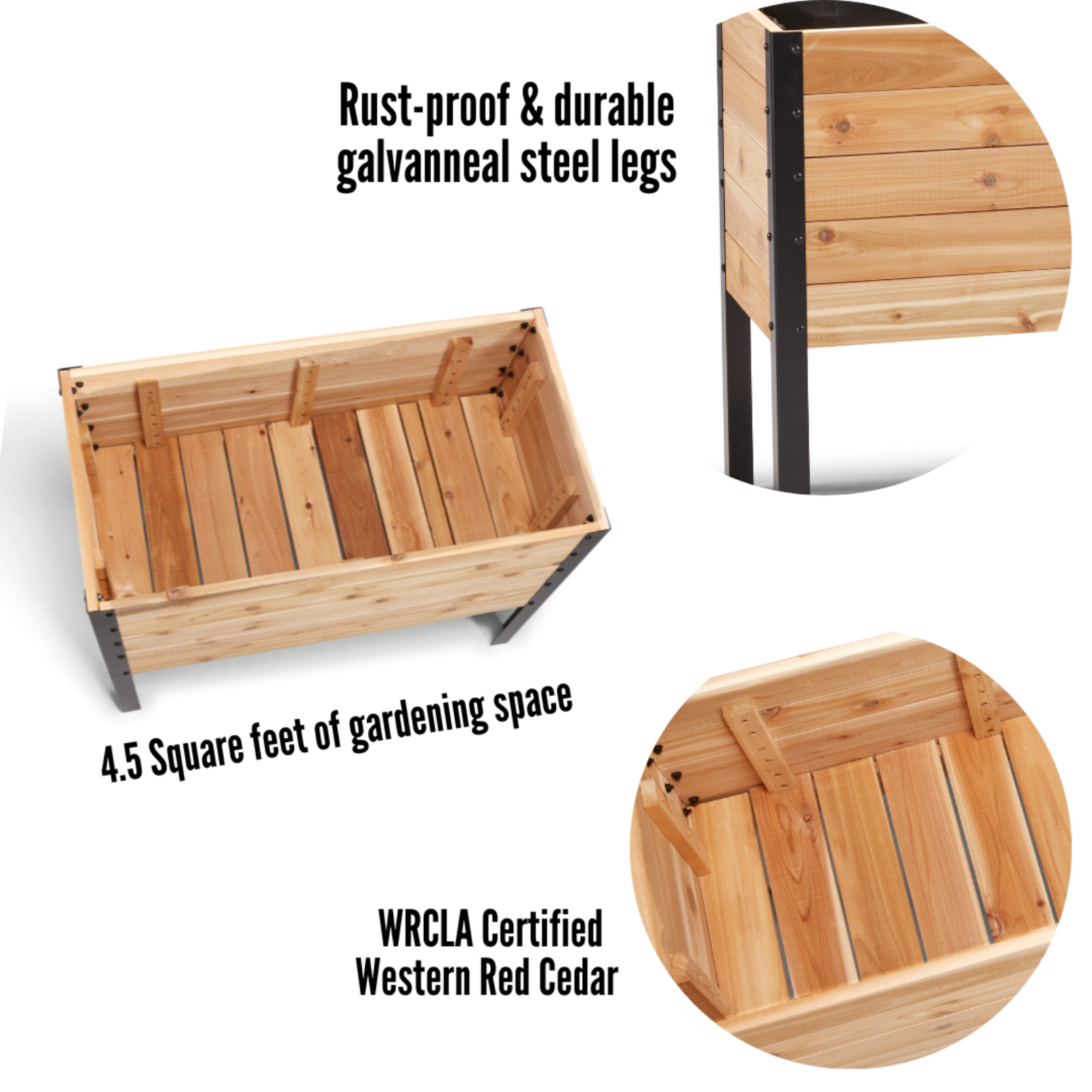 Cedar Planters 18x36 inch raised garden bed feature callouts: rust-proof galvanneal steel legs, 4.5 square feet of gardening space, and WRCLA certified Western Red Cedar