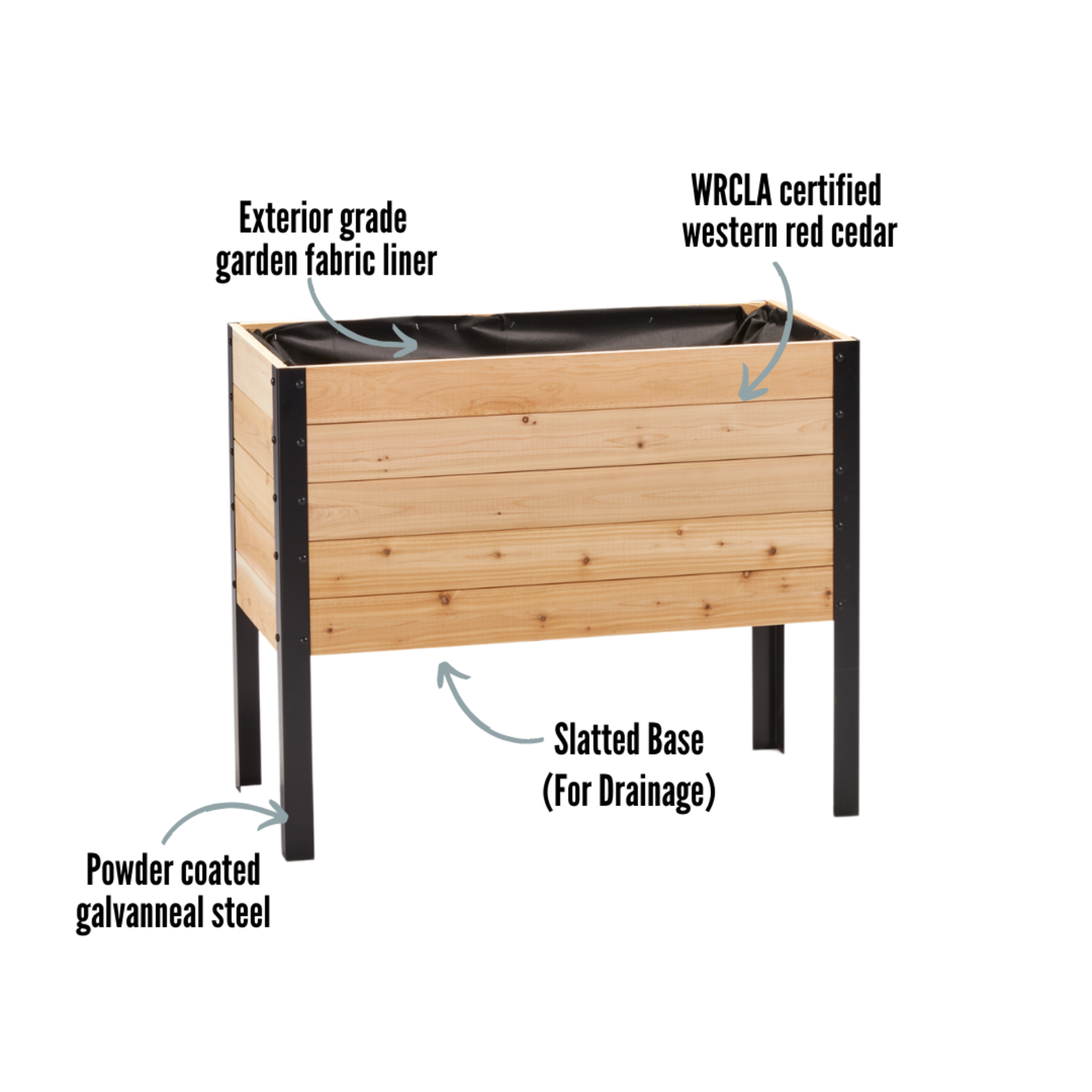 Cedar Planter 18x36 inch raised garden bed 30 inches tall highlighting exterior grade fabric liner, WRCLA certified Western Red Cedar, powder coated galvanneal steel, and slatted base for drainage