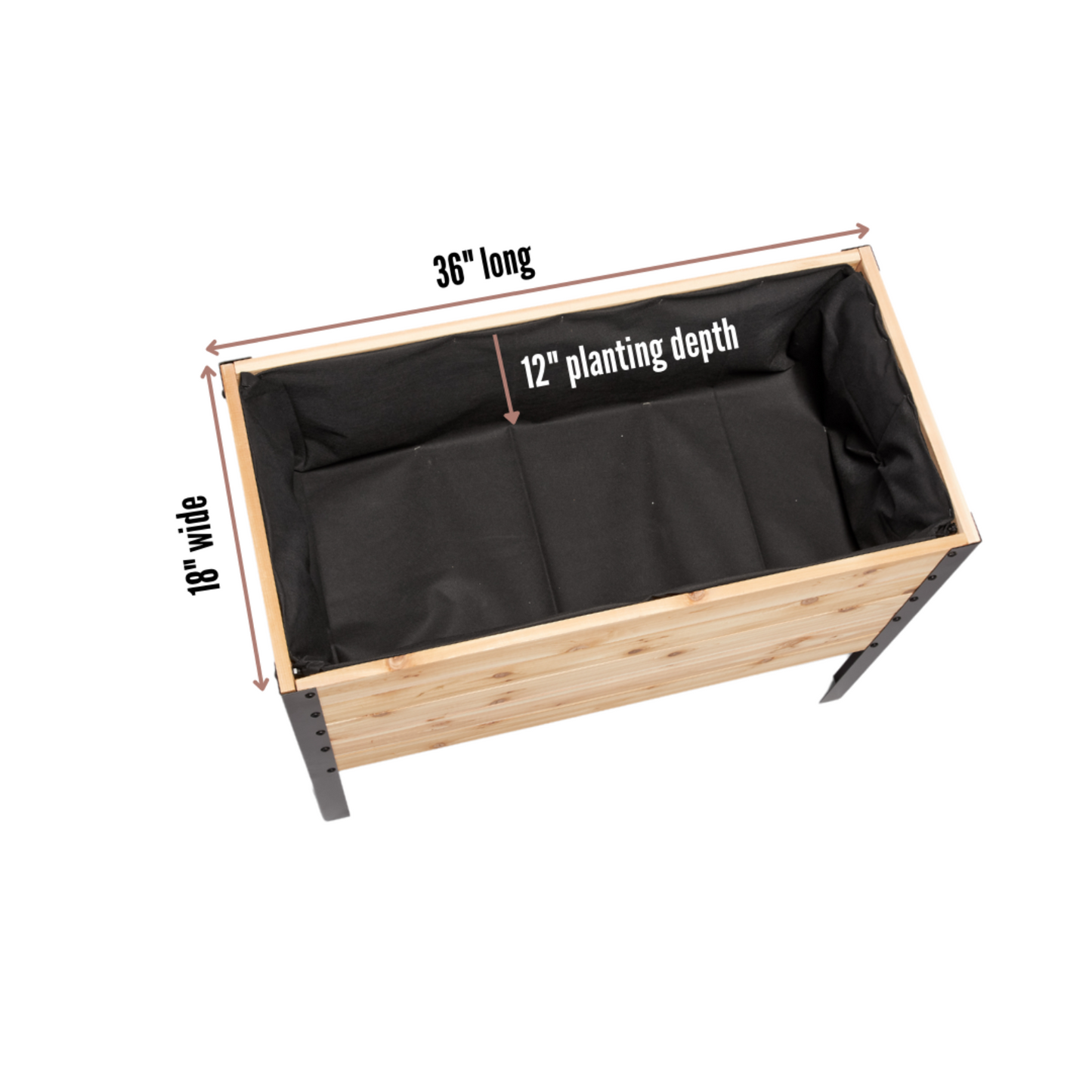 Cedar Planters 18x36 inch raised garden bed top view showing 18 inch width, 36 inch length, and 12 inch planting depth
