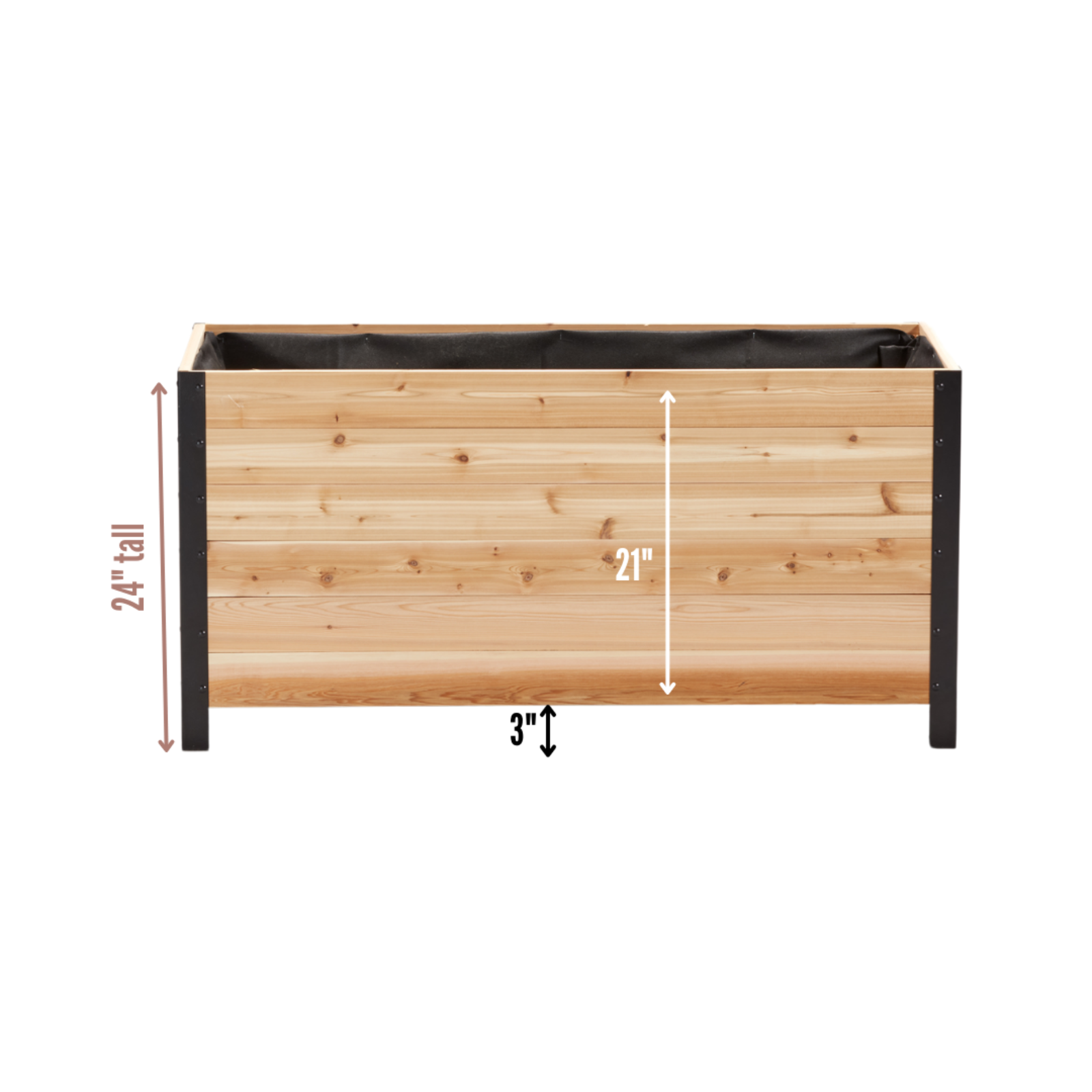 Cedar Planters 18x48 inch planter box dimension diagram: 24 inch total height, 3 inch ground clearance, 21 inch box height