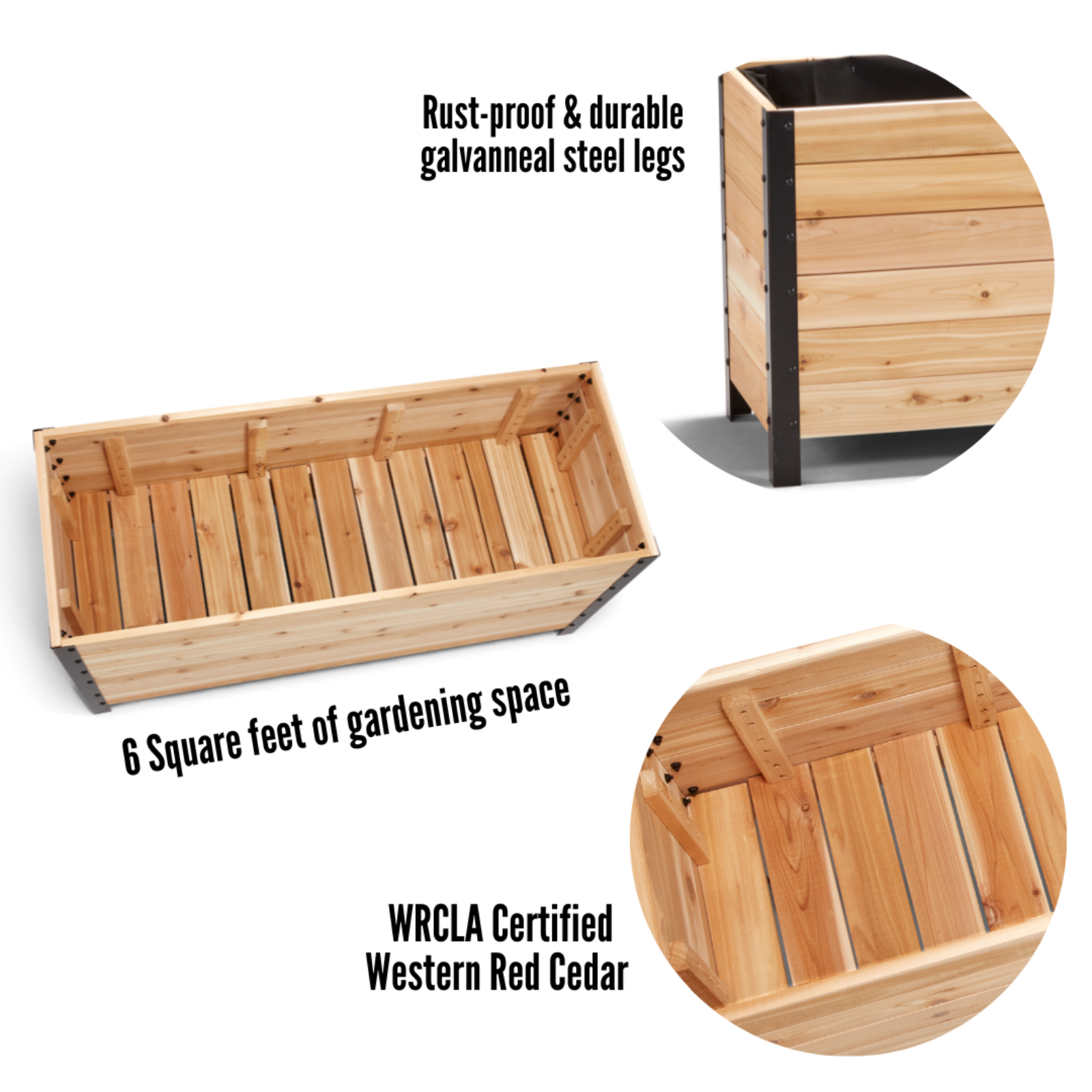 Cedar Planters 18x48 inch planter box feature callouts: rust-proof galvanneal steel legs, 7.5 square feet of gardening space, and WRCLA certified Western Red Cedar